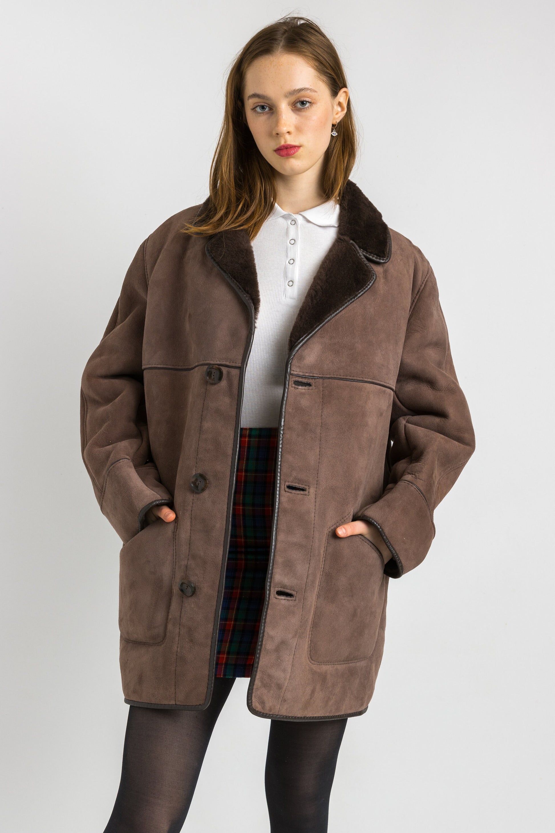 Deadstock Sheepskin Coat 70s, Size S, Brown Suede Vintage Coat, Casual Slouchy Coat, Worn In Shearling Coat, Sustainable Winter Outerwear