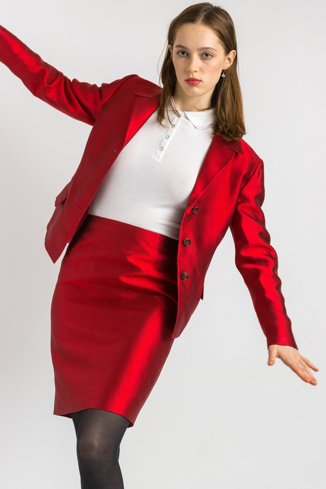 Jil Sander Silk suit, 80s red silk high waisted pencil skirt suit with buttons, elegant Jil Sander jacket and skirt set