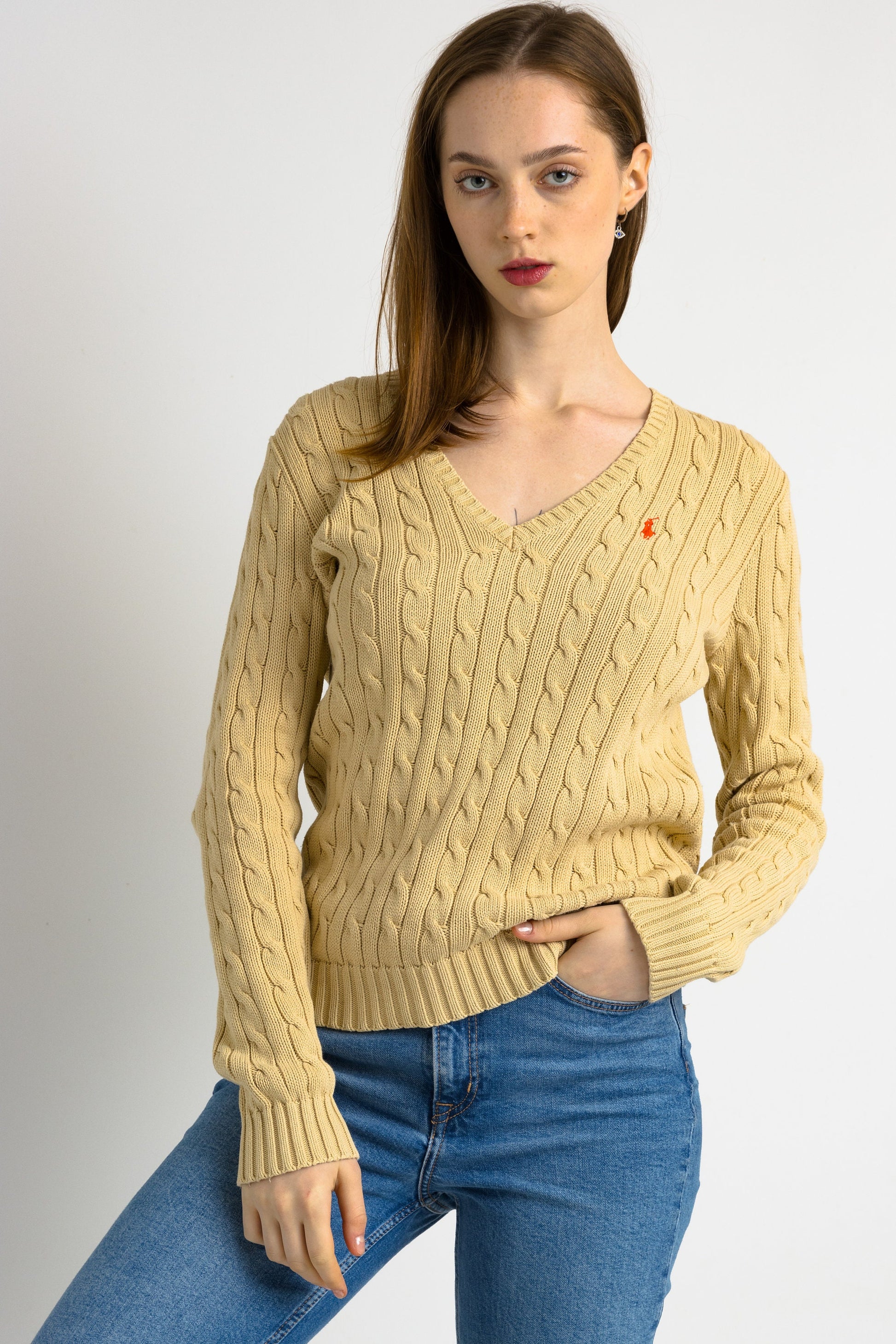 Ralph Lauren Sweater Beige Polo Sweater Knitted Cotton Knit Pullover Jumper V Neck Plain Retro Basic Vintage 90s Womens Medium