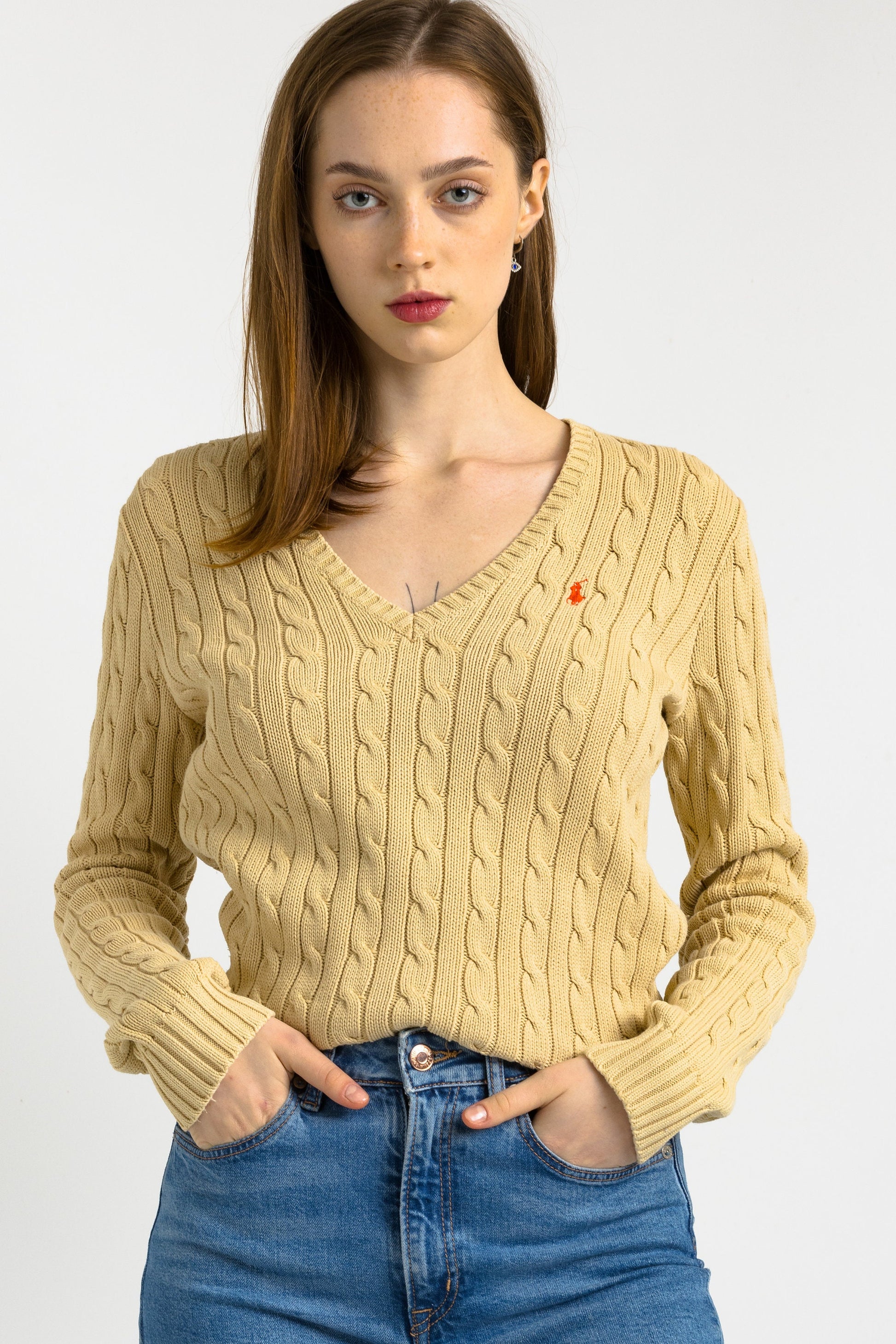 Ralph Lauren Sweater Beige Polo Sweater Knitted Cotton Knit Pullover Jumper V Neck Plain Retro Basic Vintage 90s Womens Medium