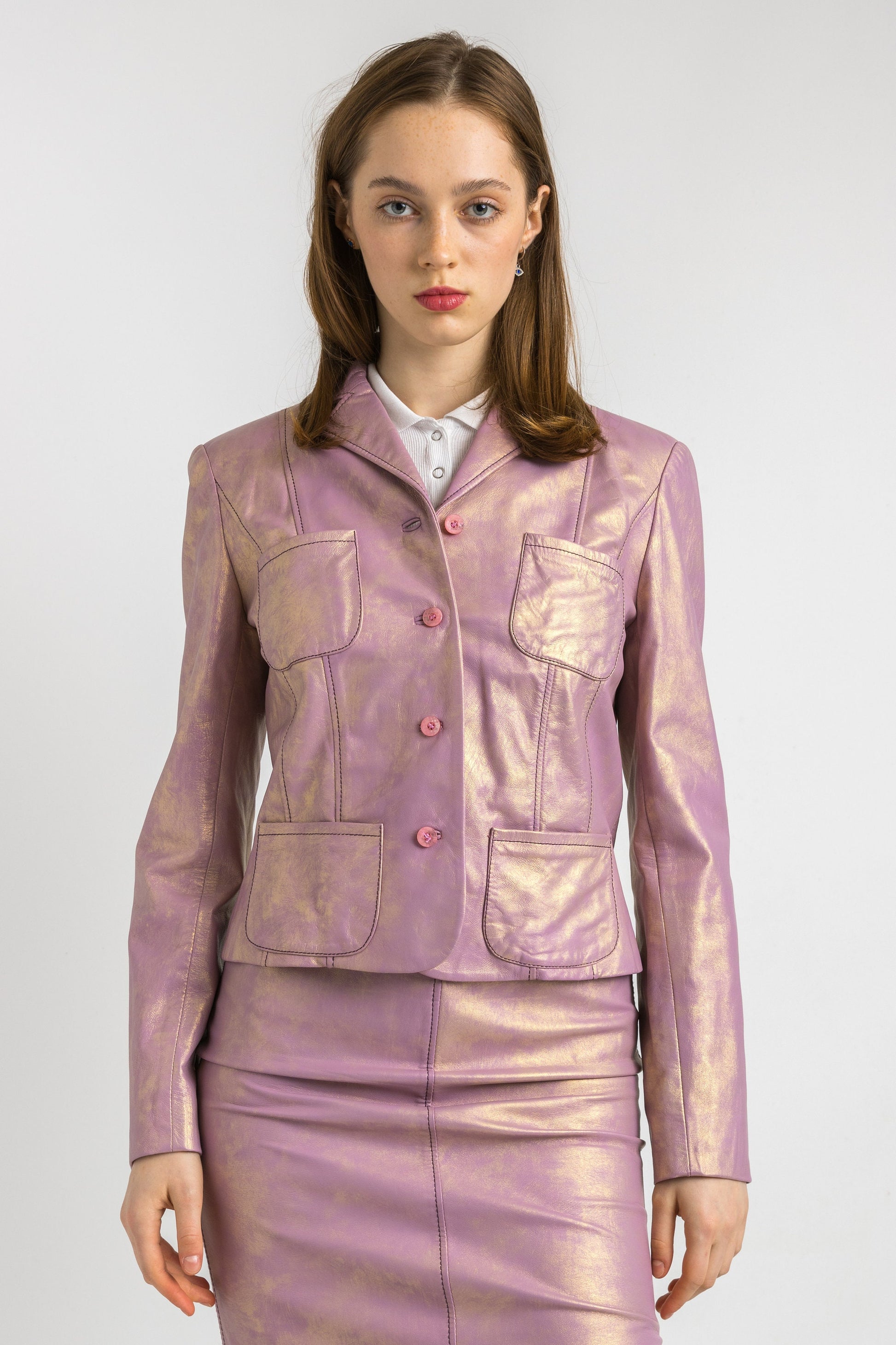 Christian Lacroix Leather suit, 90s pink leather high waisted pencil skirt suit with buttons, elegant Christian Lacroix jacket and skirt set