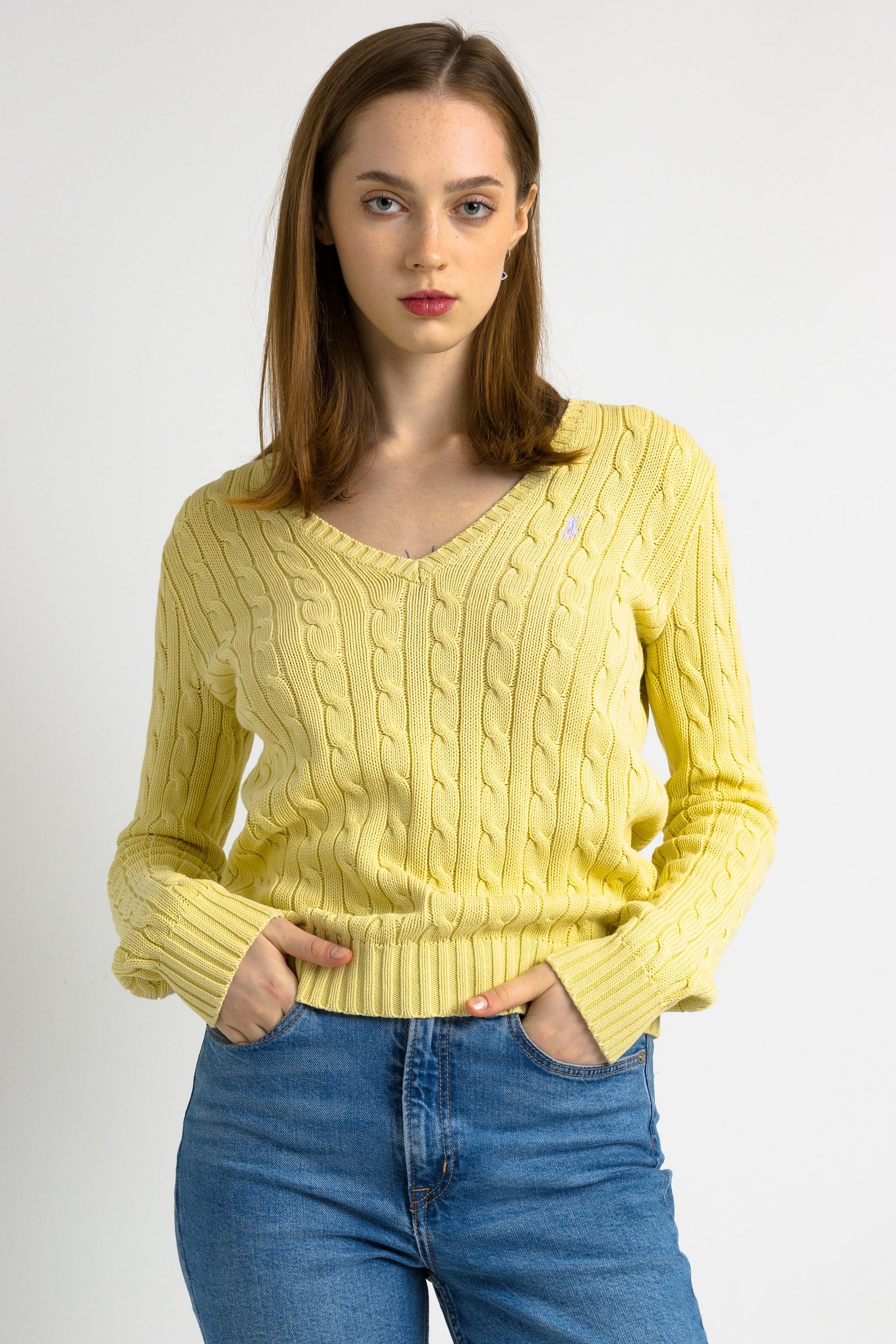 Ralph Lauren Sweater Yellow Polo Sweater Knitted Cotton Knit Pullover Jumper V Neck Plain Retro Basic Vintage 90s Womens Medium