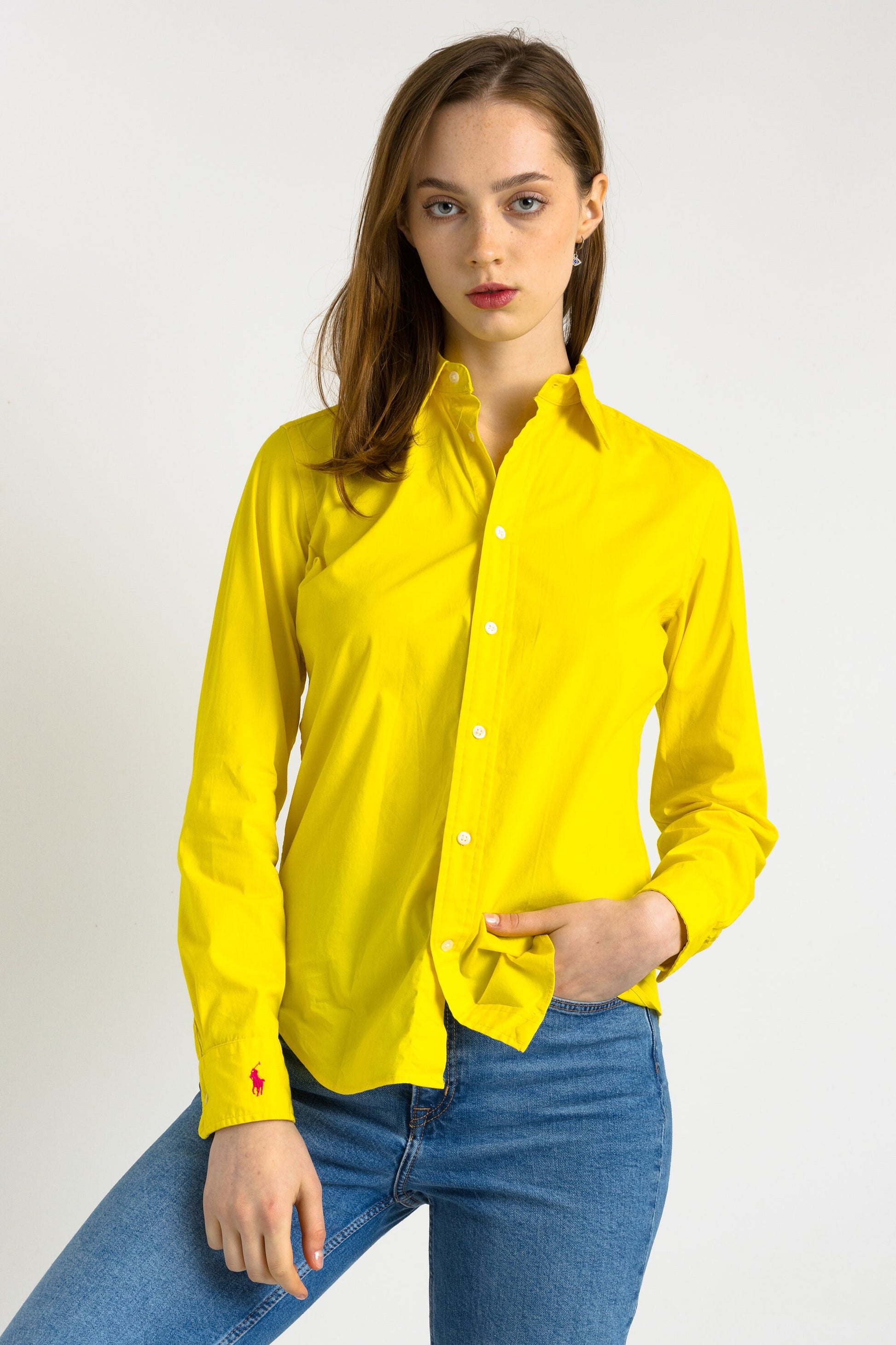 90s Vintage Ralph Lauren Yellow Logo Long Sleeve Buttons Up Woman Shirt in 8 size/ Vintage Ralph Lauren Yellow Woman Shirt