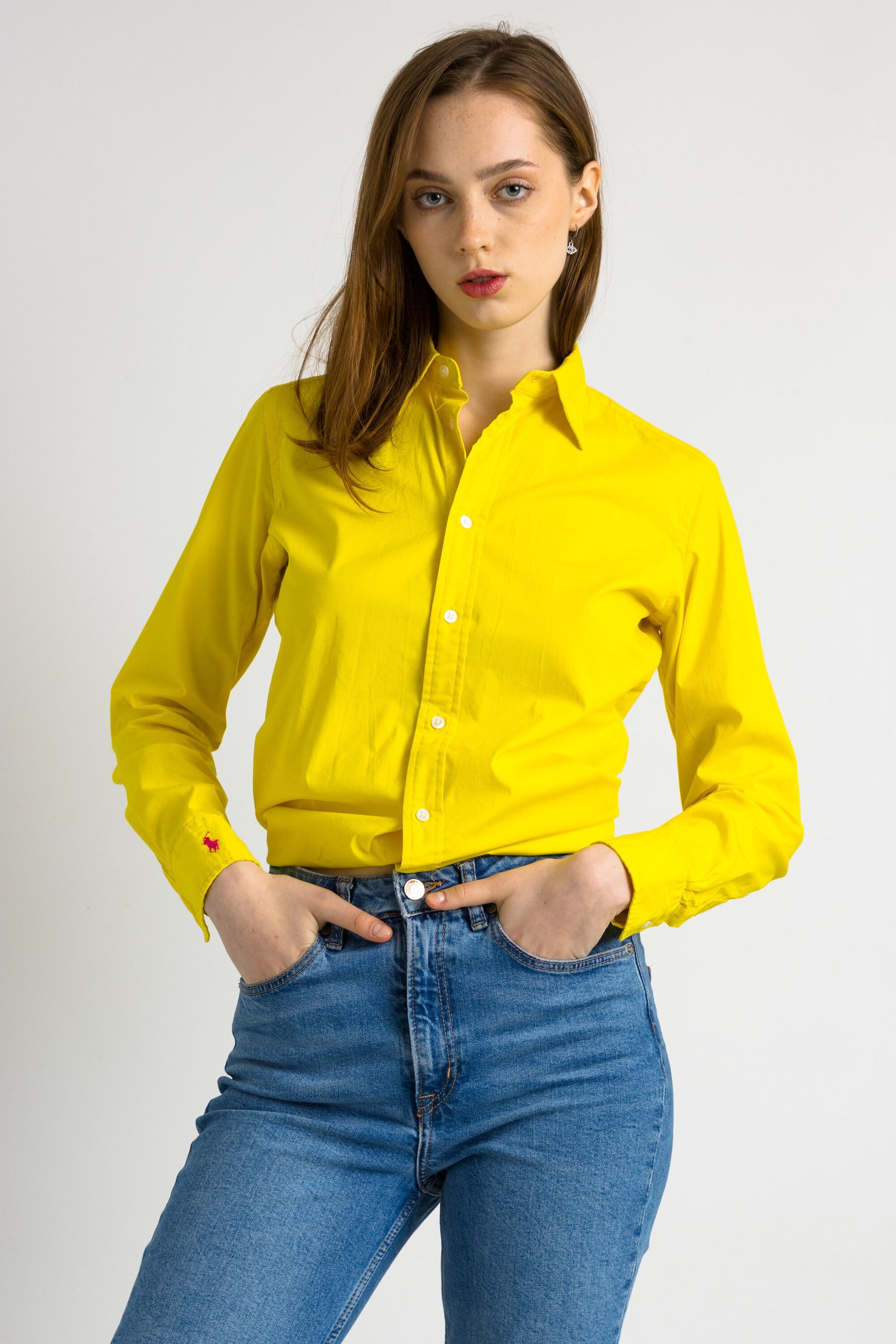 90s Vintage Ralph Lauren Yellow Logo Long Sleeve Buttons Up Woman Shirt in 8 size/ Vintage Ralph Lauren Yellow Woman Shirt