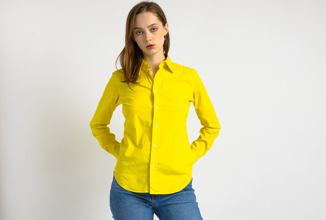 90s Vintage Ralph Lauren Yellow Logo Long Sleeve Buttons Up Woman Shirt in 8 size/ Vintage Ralph Lauren Yellow Woman Shirt