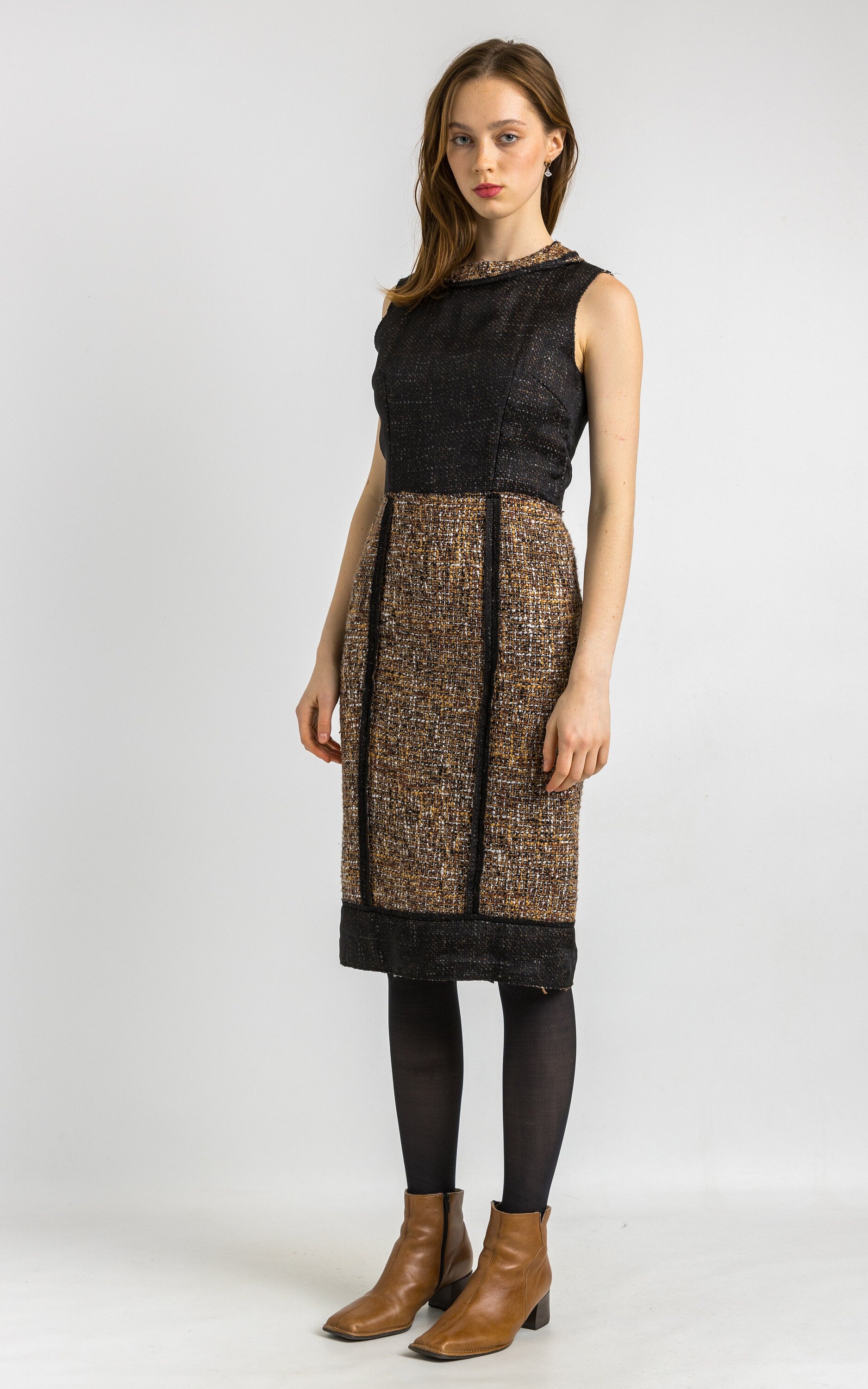 1900s Dolce and Gabbana D&G Tweed Pencil Herringbone Wool Dress size 44 fits Small