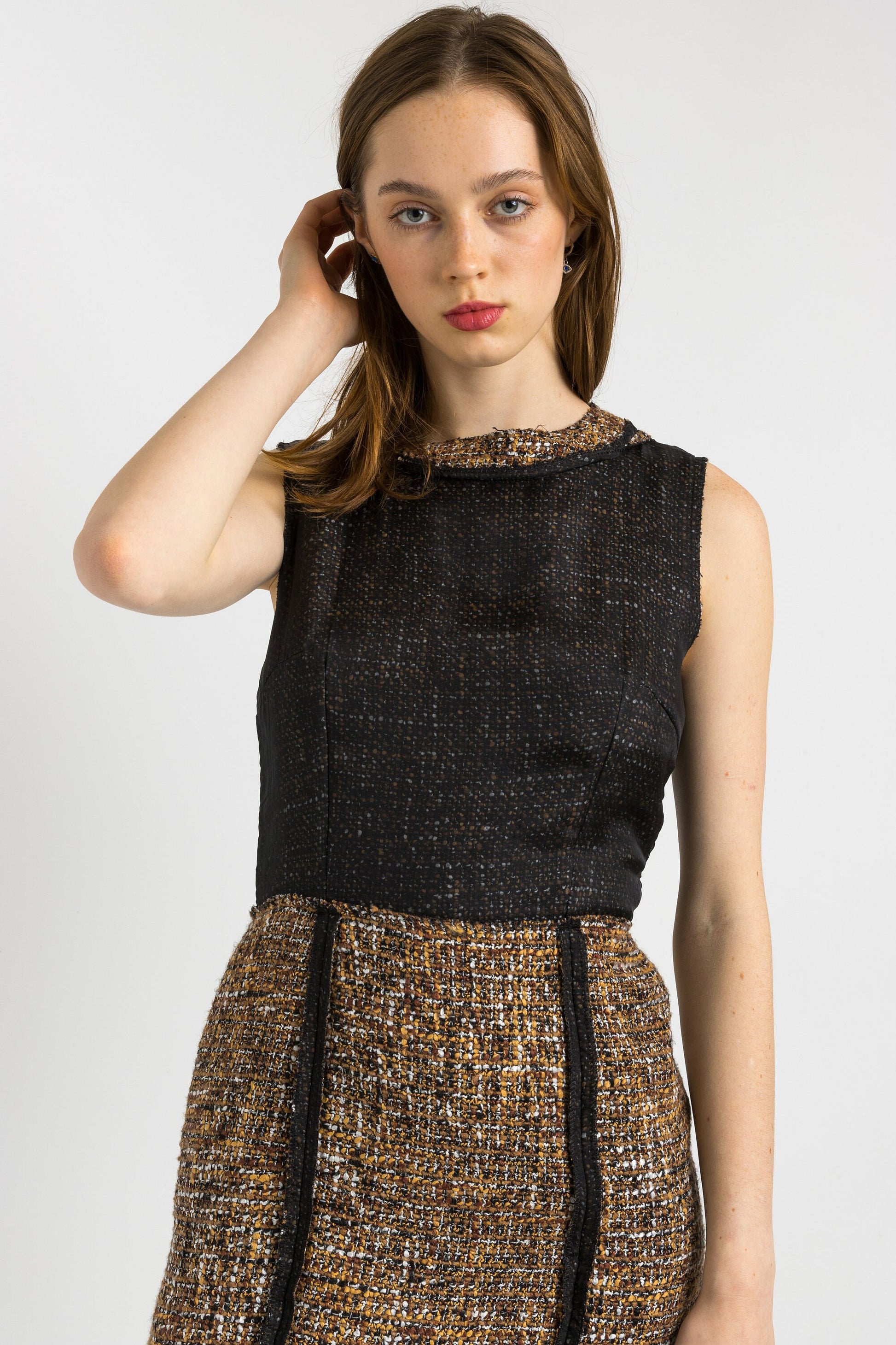 1900s Dolce and Gabbana D&G Tweed Pencil Herringbone Wool Dress size 44 fits Small