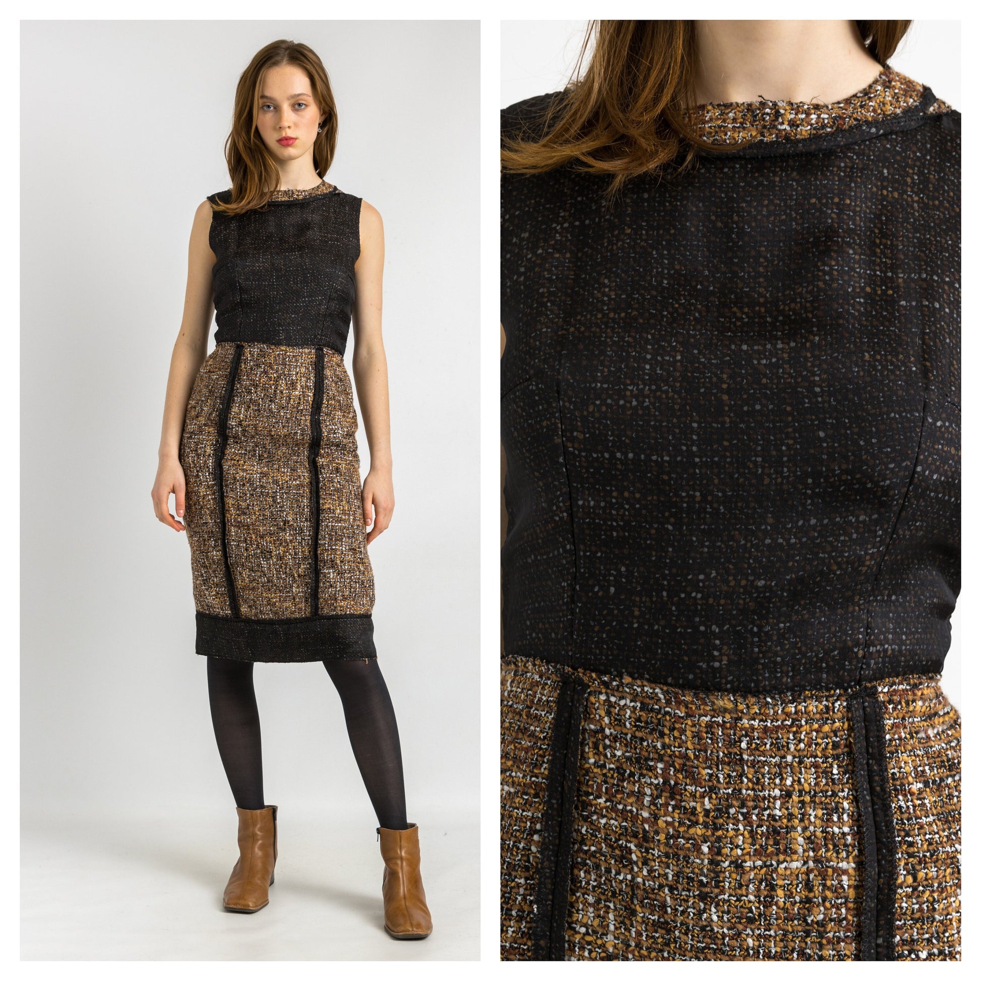 1900s Dolce and Gabbana D&G Tweed Pencil Herringbone Wool Dress size 44 fits Small