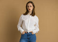 Vintage White Cotton Logo Long Sleeve Buttons Up Woman Shirt/ Vintage White Unisex Medium Woman Shirt