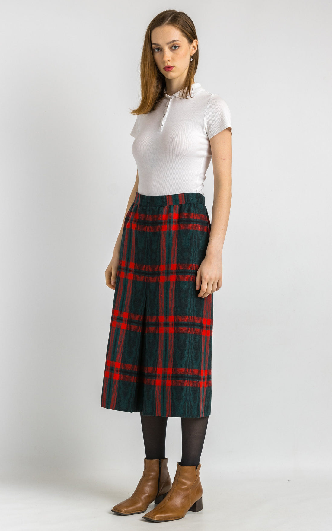 80s Vintage Tartan Plaid Wool Woman Midi Skirt, Midi Skirt in Red