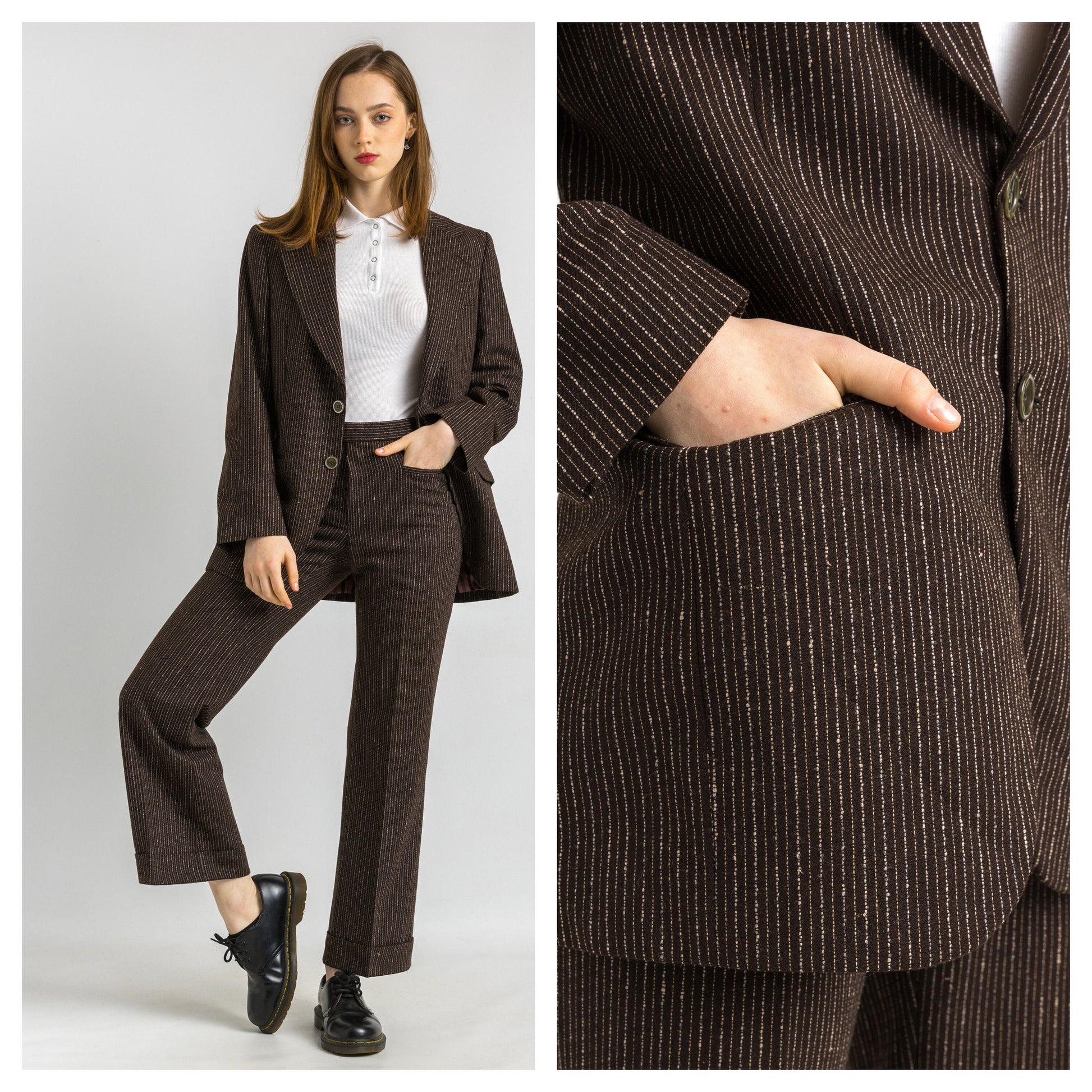 1970s Brown Womens Wool Pants Suit Jacket Set Vintage Small/ Wool Pants suit with blazer buttons, elegant blazer and trouser set