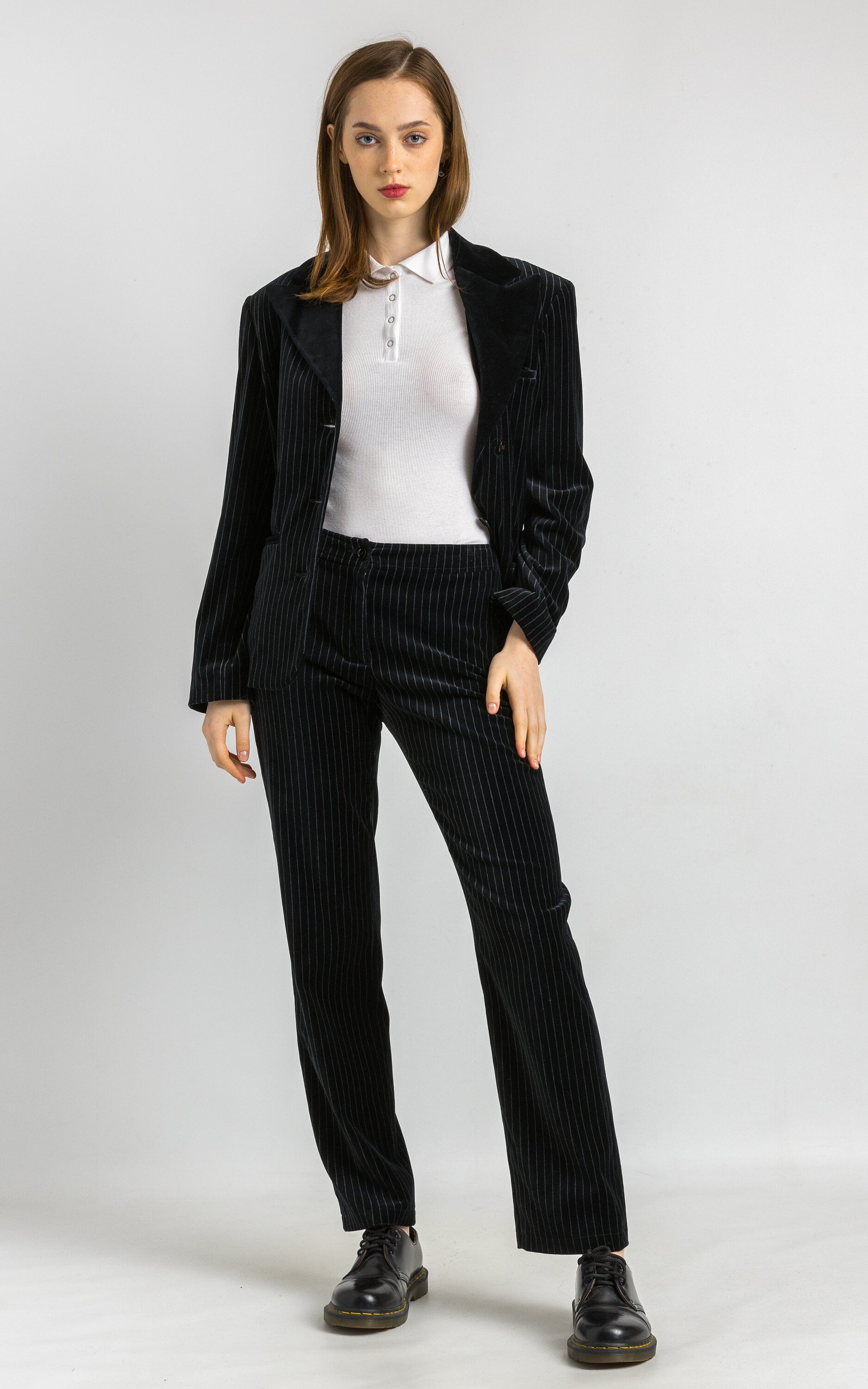 Emporio Armani Velor suit, 90s black Armani striped pants suit with buttons blazer, elegant Emporio Armani jacket and pants set