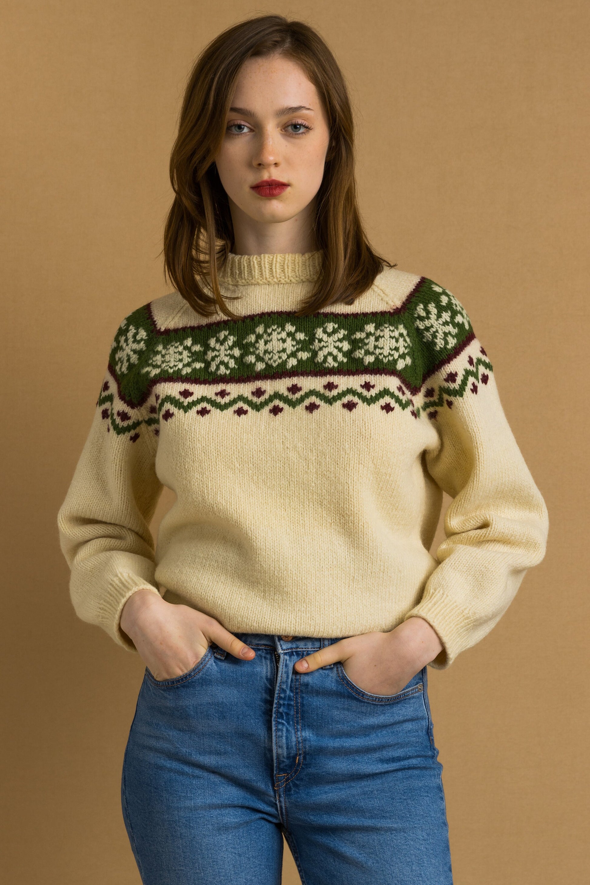 80s Vintage Norway Knitwear Abstract Ornament Wool Jumper Sweater/ Vintage Woman Fair Isle Wool Sweater size Medium