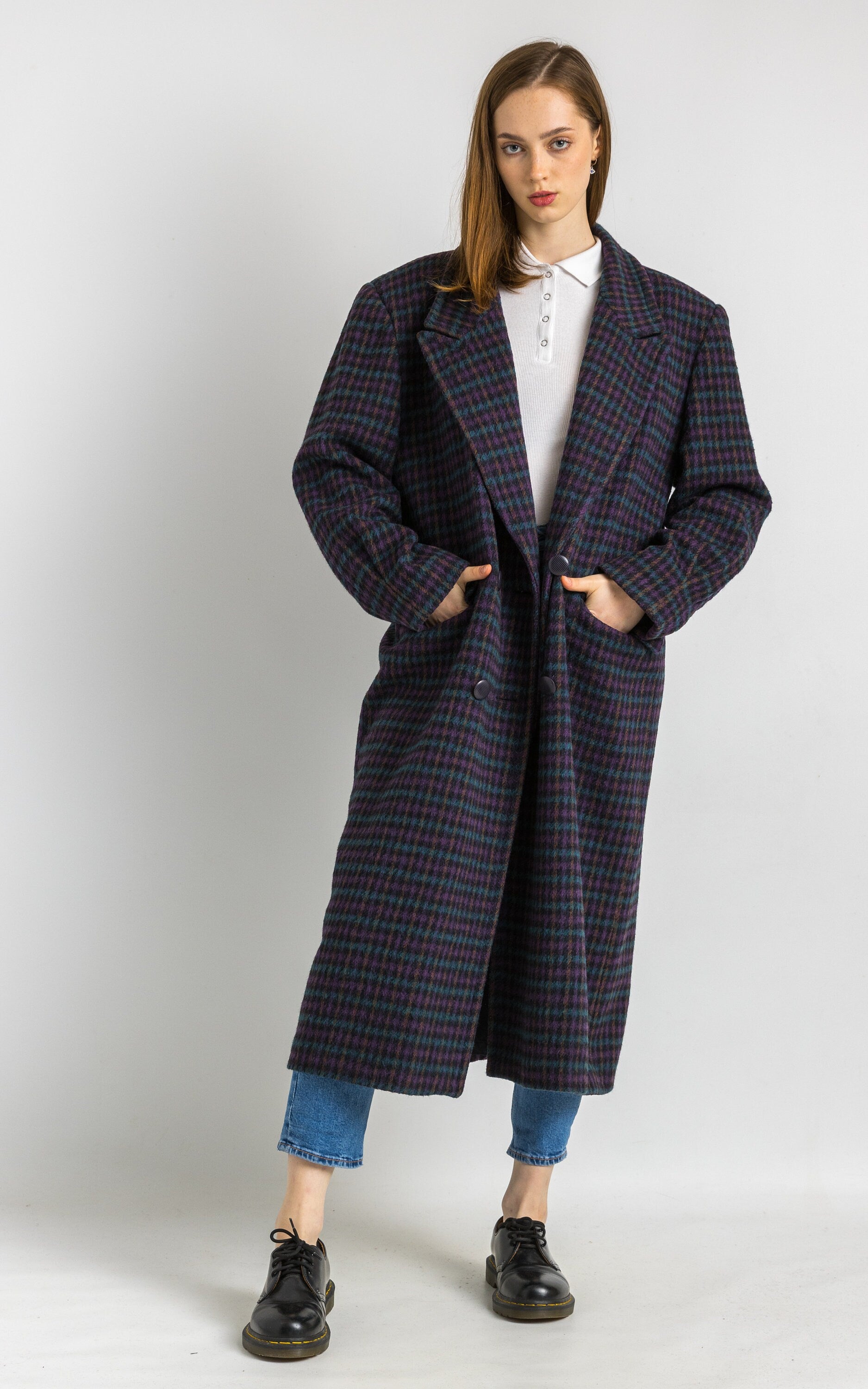 60s Woman Checked Oversized Lambswool Coat Women Vintage 70s fall coat long wool coat outerwear maxi winter coat vintage clothing size M