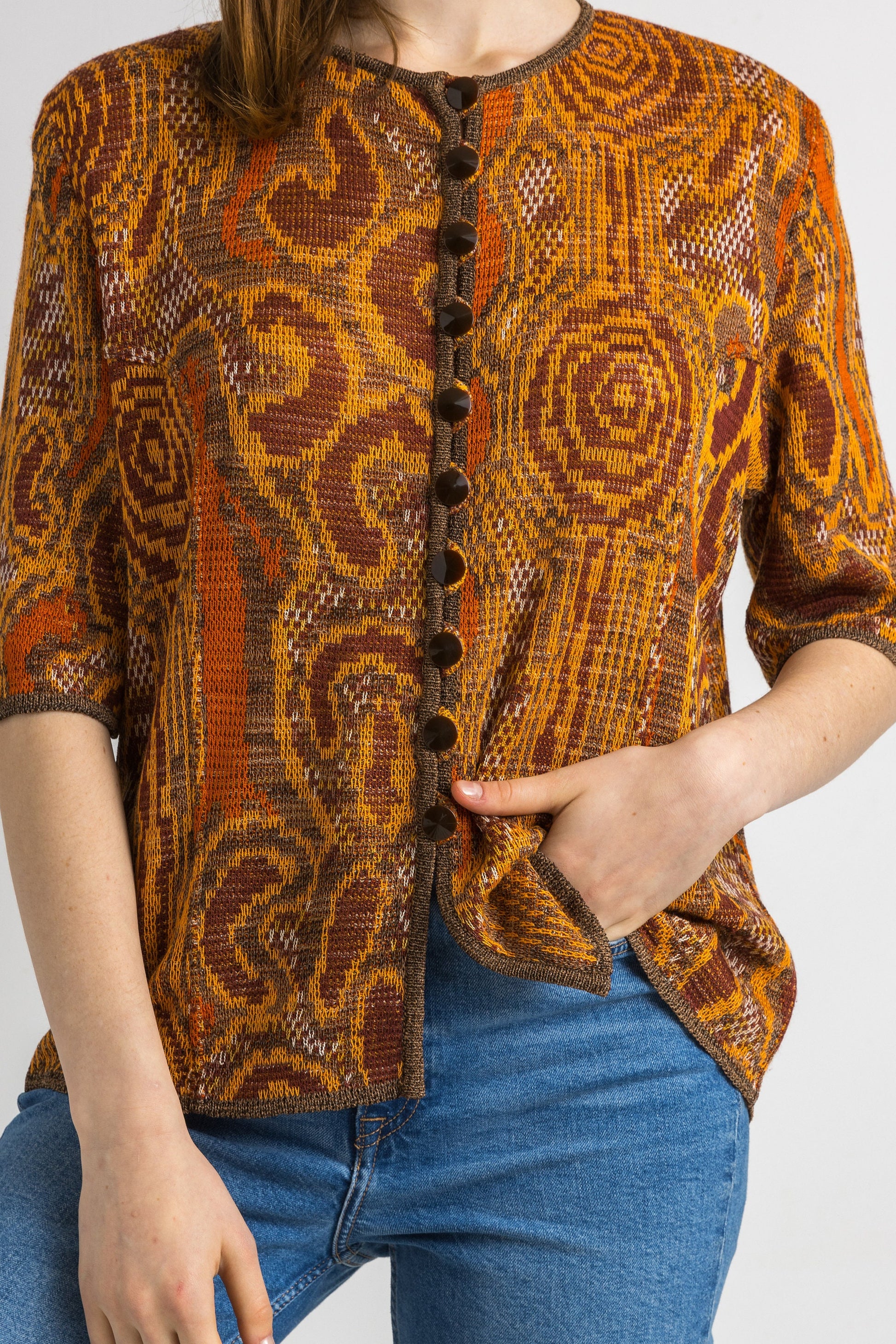 Vintage Jean Louis Scherrer Crochet Brown Blouse Buttons Up Top