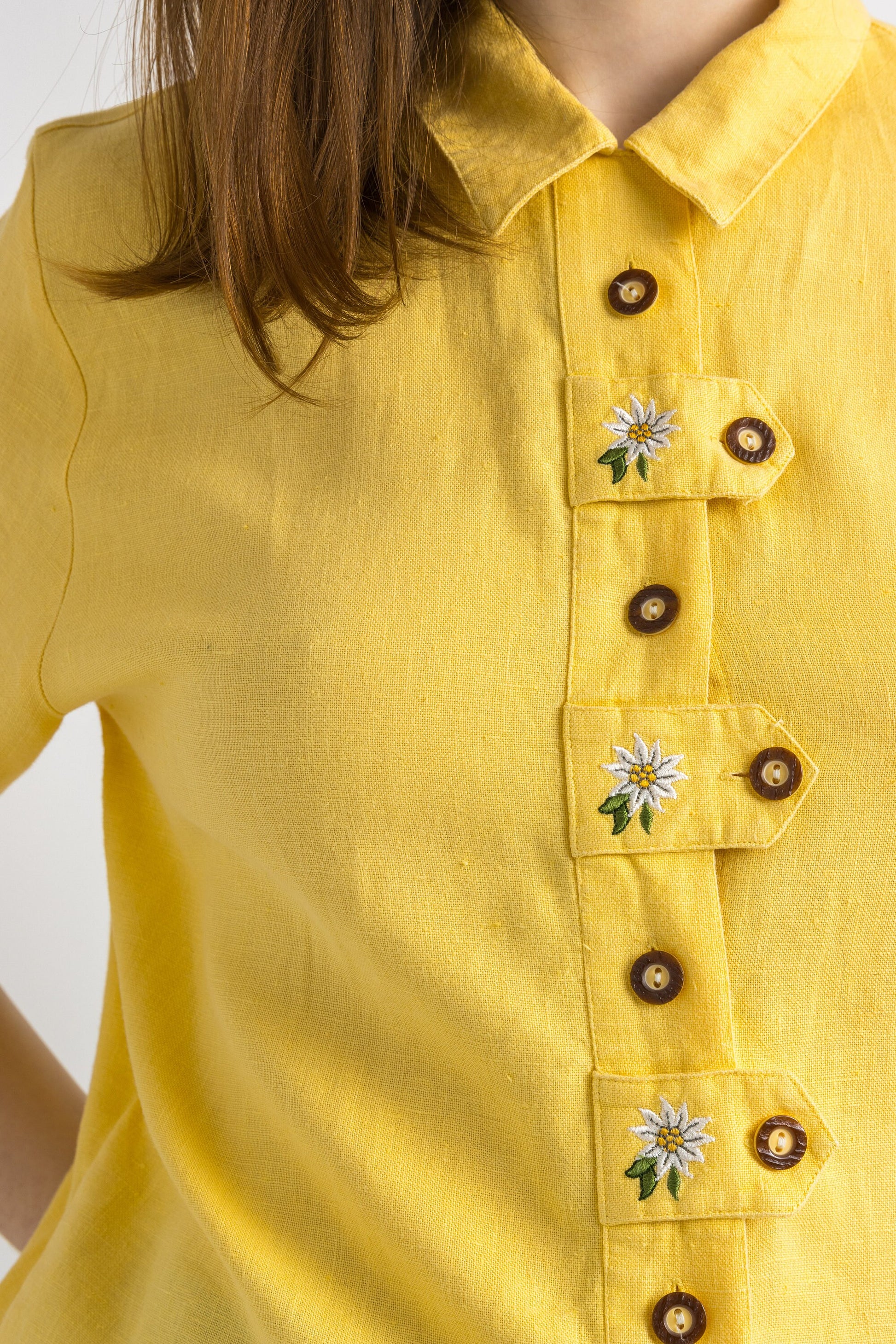 Vintage Vtg Rare Alpen Trachten Linen Bavarian Yellow Embroidered Floral Short Sleeve Buttons Up Blouse Shirt Size Medium