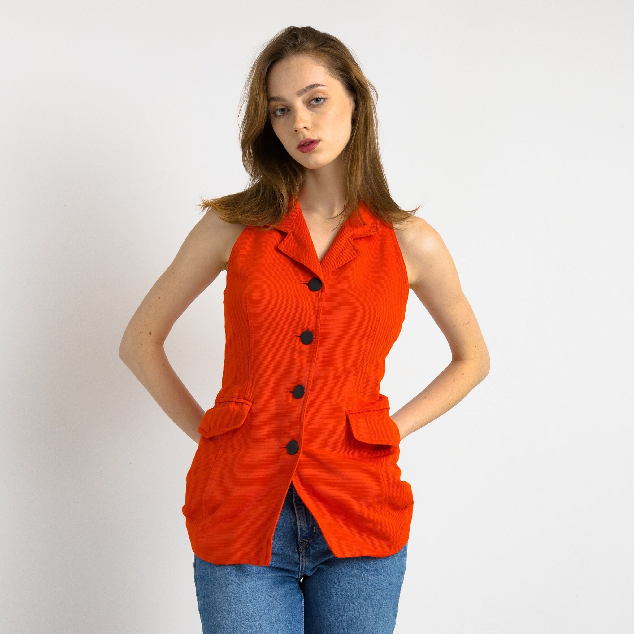 90s Vintage LAUREL Escada Red Cotton Vest / Red Woman Vest / Woman Buttons Vest / Woman Vest / Designer Laurel Clothing size Small