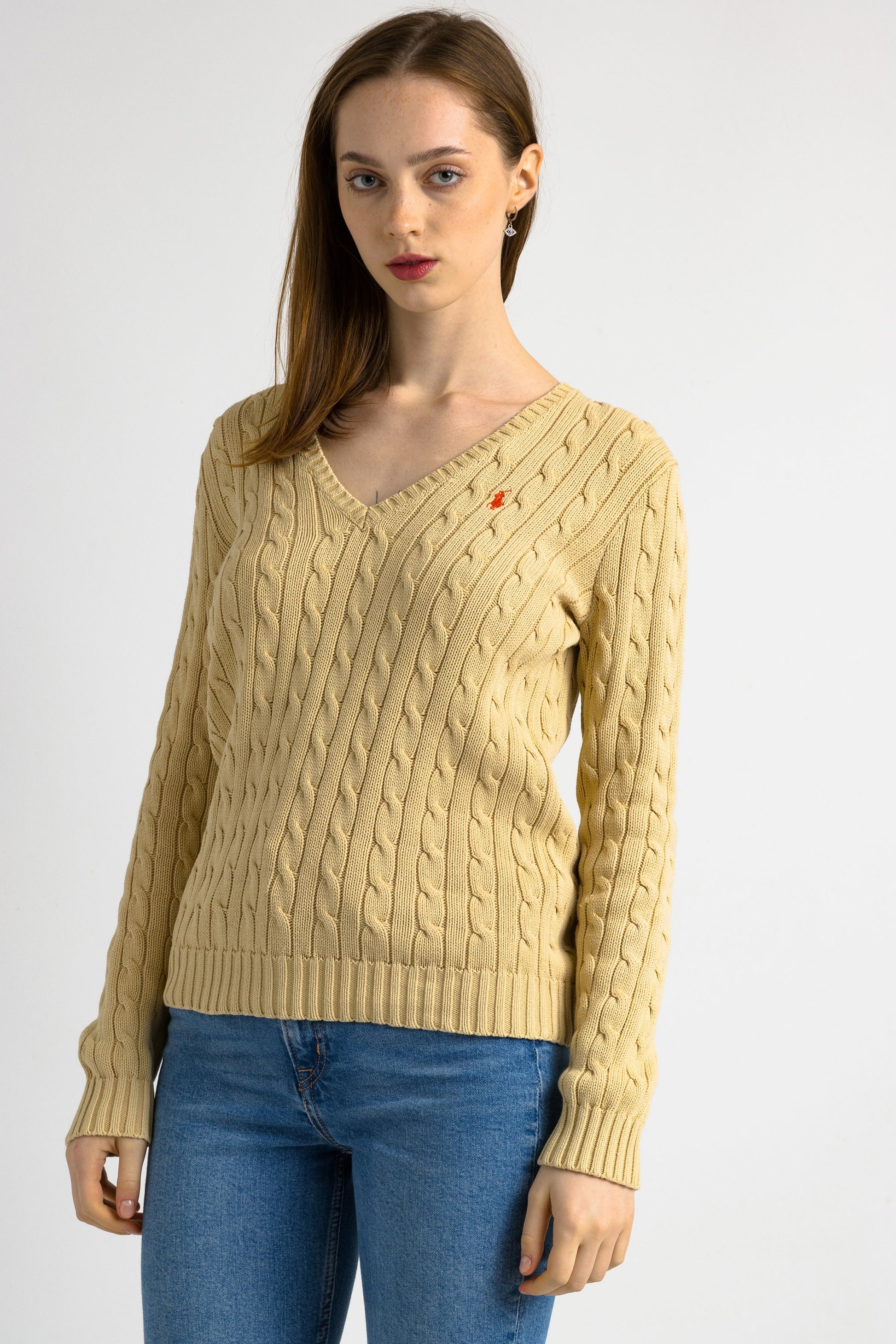 Ralph Lauren Sweater Beige Polo Sweater Knitted Cotton Knit Pullover Jumper V Neck Plain Retro Basic Vintage 90s Womens Medium