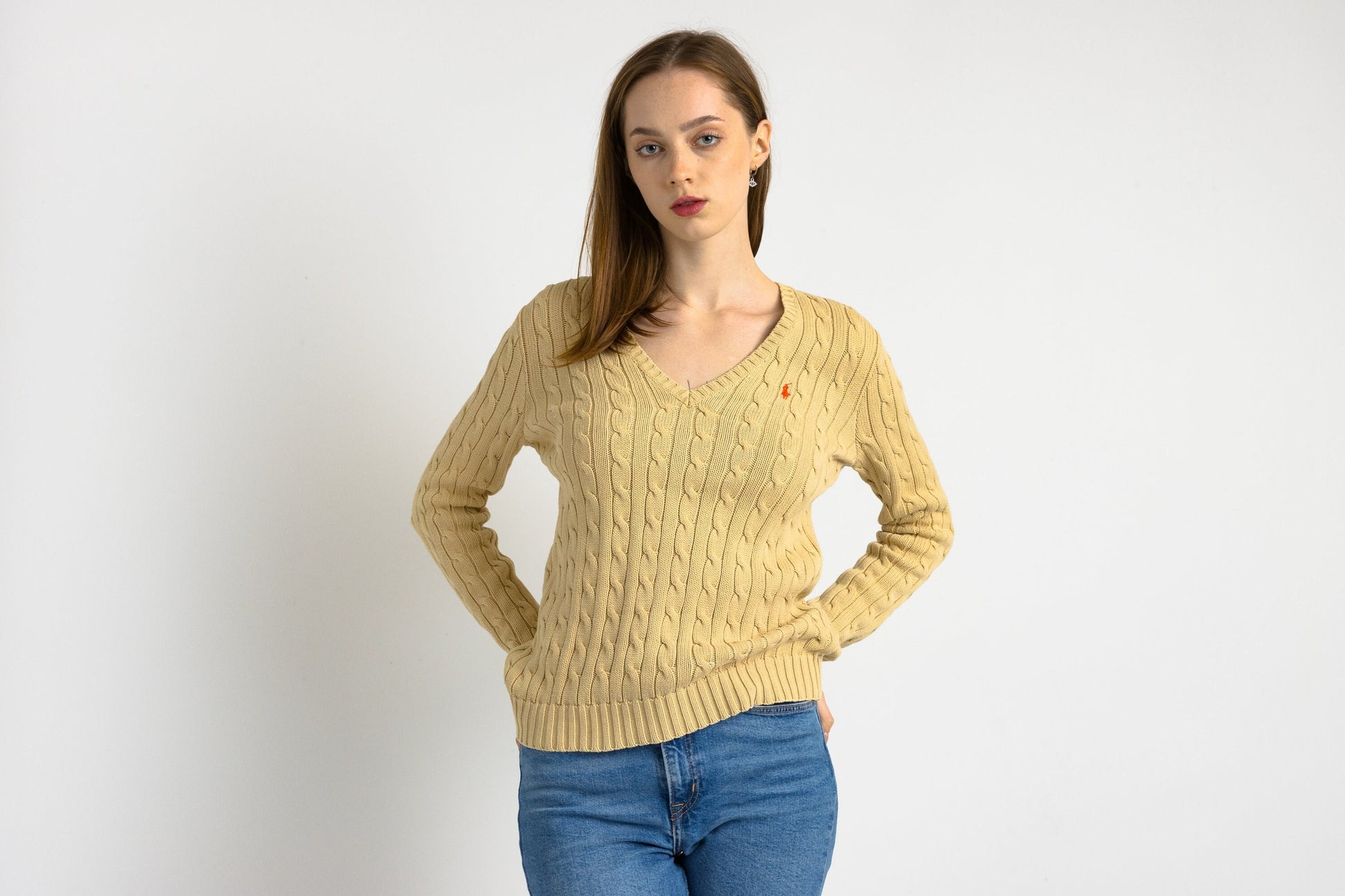 Ralph Lauren Sweater Beige Polo Sweater Knitted Cotton Knit Pullover Jumper V Neck Plain Retro Basic Vintage 90s Womens Medium