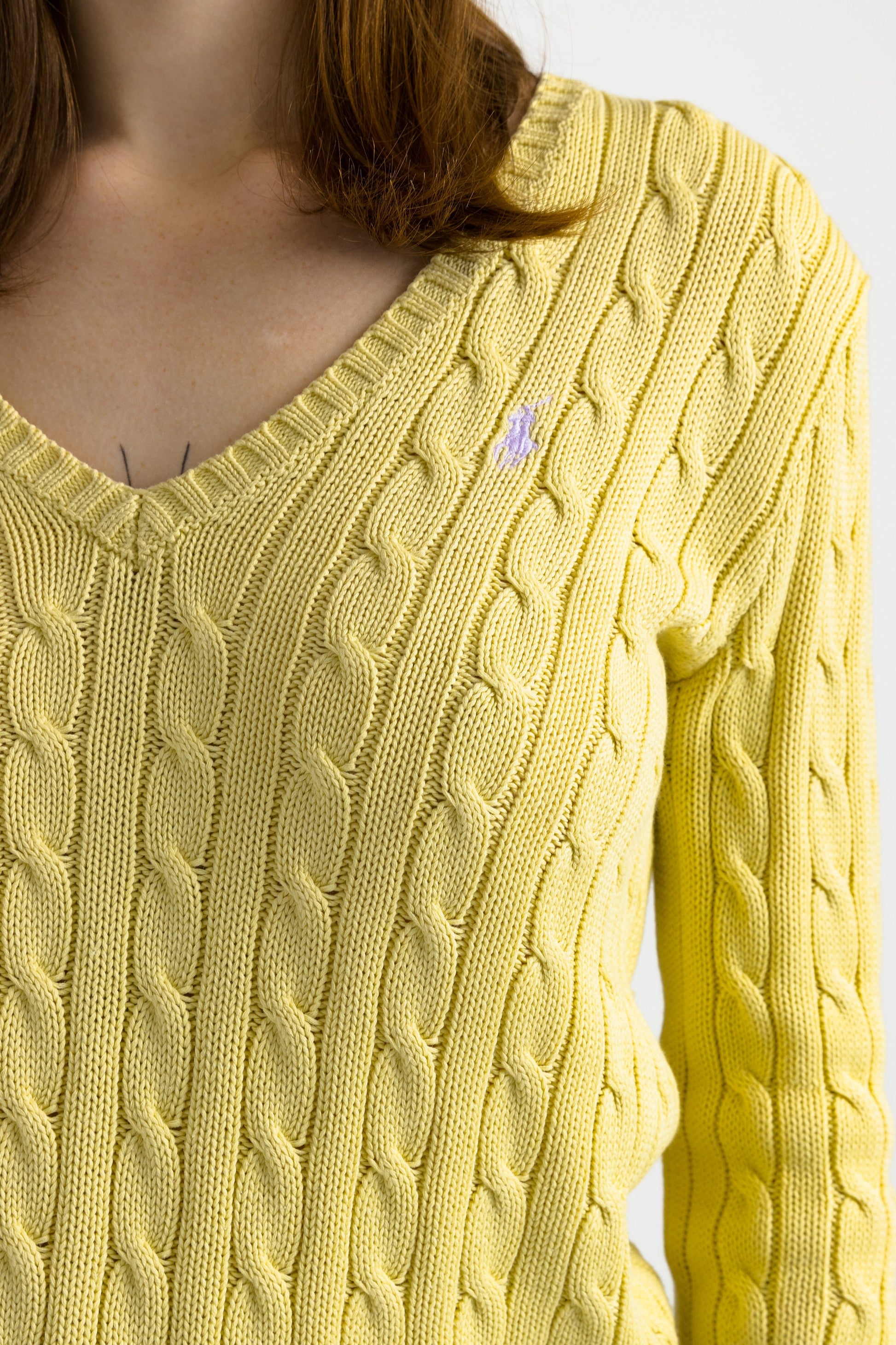 Ralph Lauren Sweater Yellow Polo Sweater Knitted Cotton Knit Pullover Jumper V Neck Plain Retro Basic Vintage 90s Womens Medium