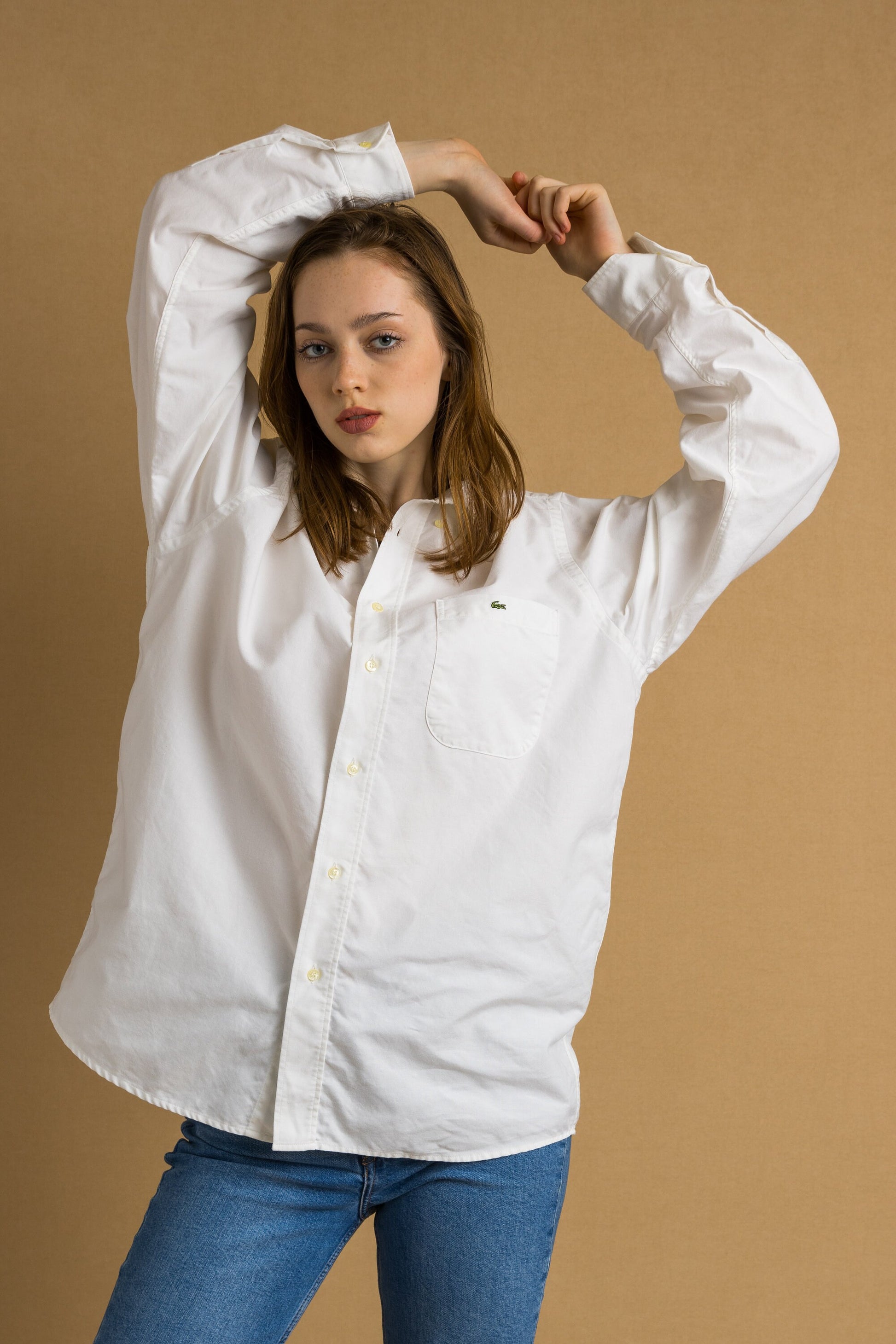 Vintage Lacoste White Cotton Logo Long Sleeve Buttons Up Woman Shirt/ Vintage Lacoste Unisex White L Woman Shirt