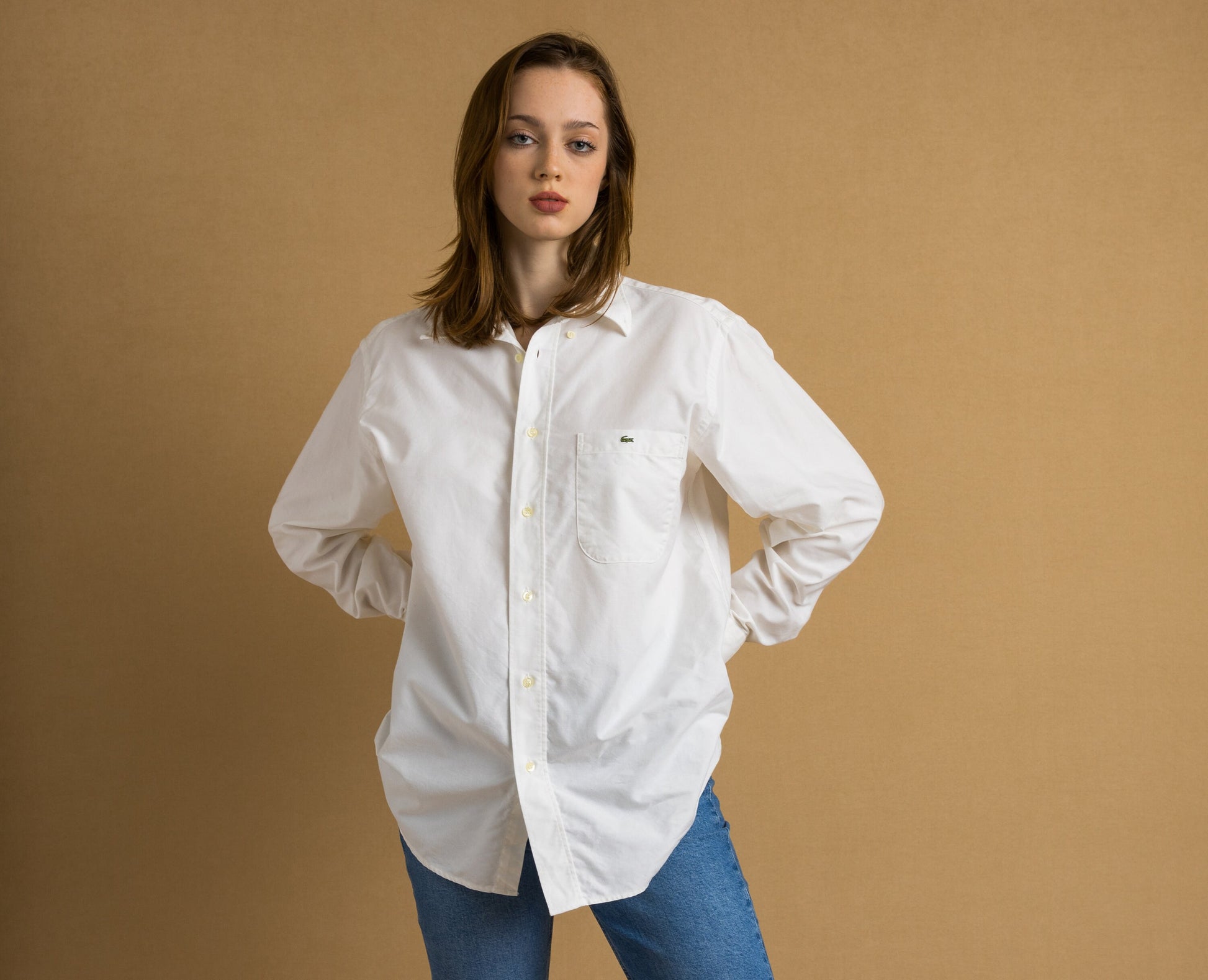 Vintage Lacoste White Cotton Logo Long Sleeve Buttons Up Woman Shirt/ Vintage Lacoste Unisex White L Woman Shirt