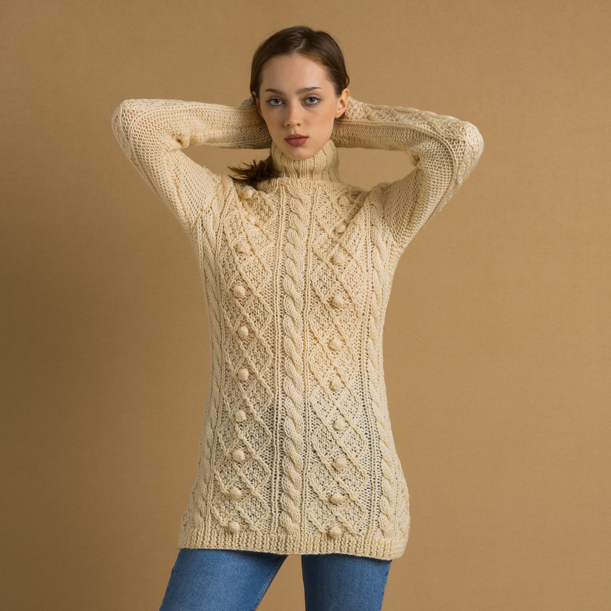 80s Vintage Vtg Rare Retro 100% Merino Wool Knitted Knit Turtleneck Fisherman Beige Long Sweater Jumper Pullover Woman Gift Present