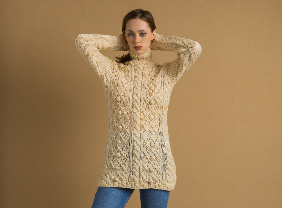 80s Vintage Vtg Rare Retro 100% Merino Wool Knitted Knit Turtleneck Fisherman Beige Long Sweater Jumper Pullover Woman Gift Present