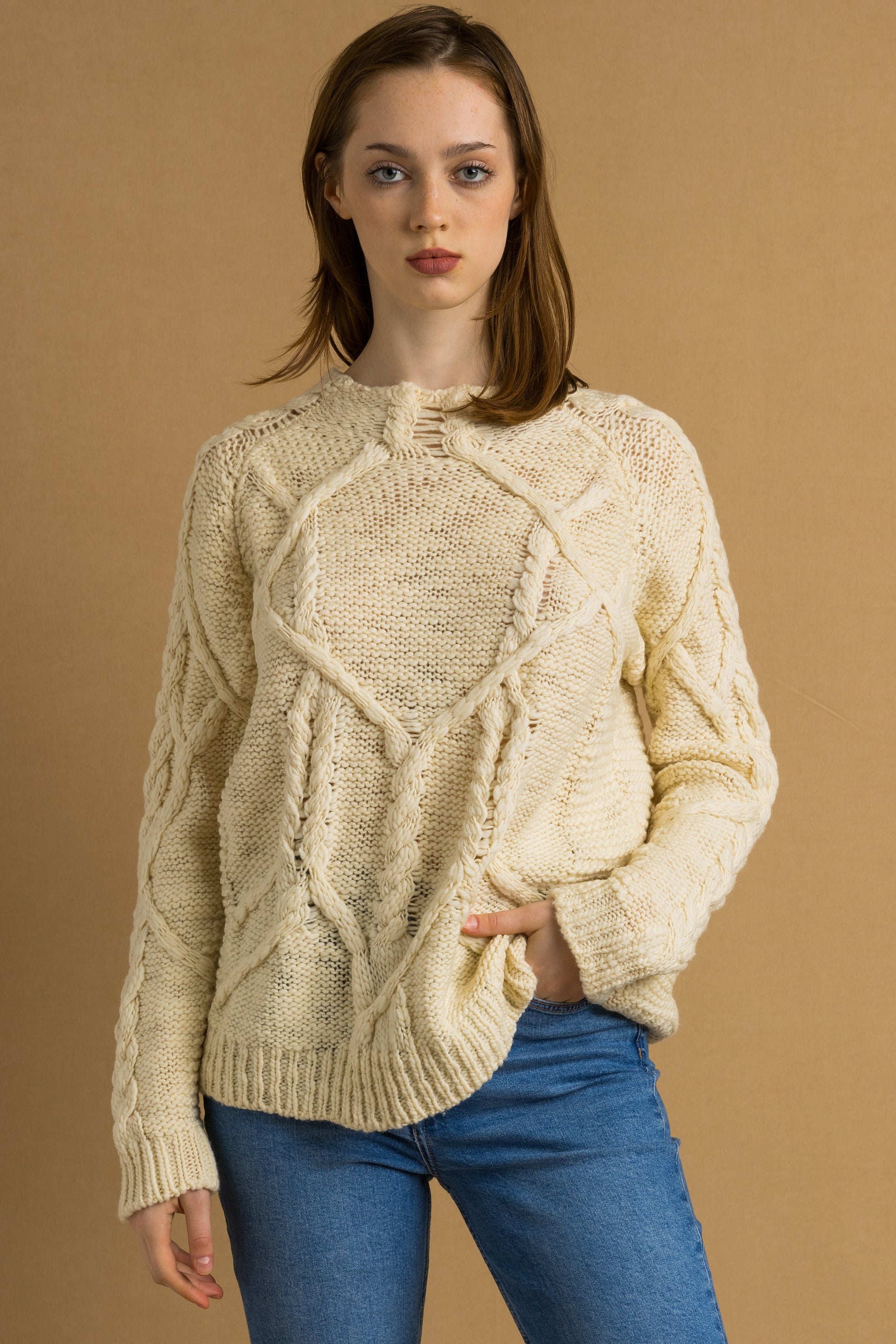 00s Vintage Vtg Rare Retro 100% Merino Wool Knitted Knit Fisherman Beige Long Sweater Jumper Pullover Woman Gift Present