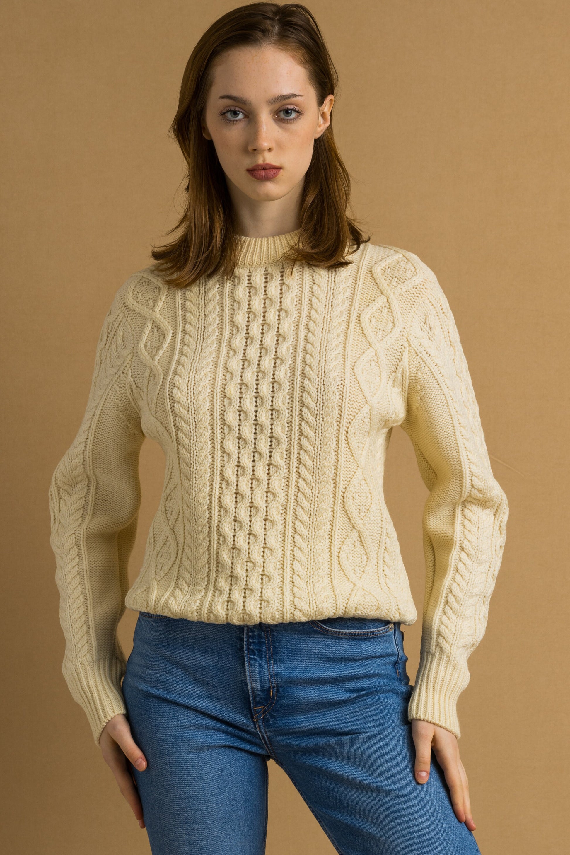 80s Vintage Vtg Rare Retro 100% Wool Knitted Knit Crew Neck Fisherman Beige Long Sweater Jumper Pullover Woman Gift Present