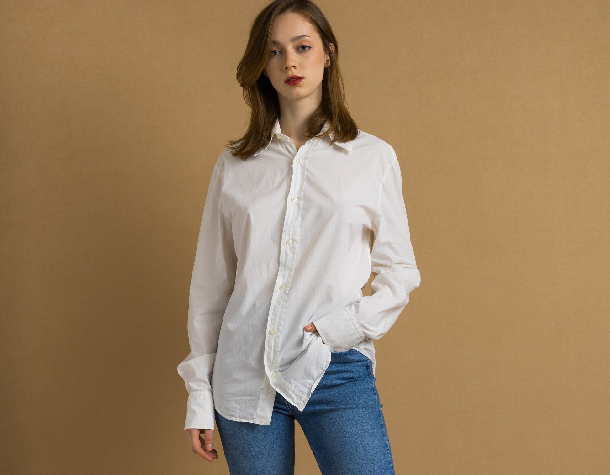 Vintage White Cotton Logo Long Sleeve Buttons Up Woman Shirt/ Vintage White Unisex Medium Woman Shirt