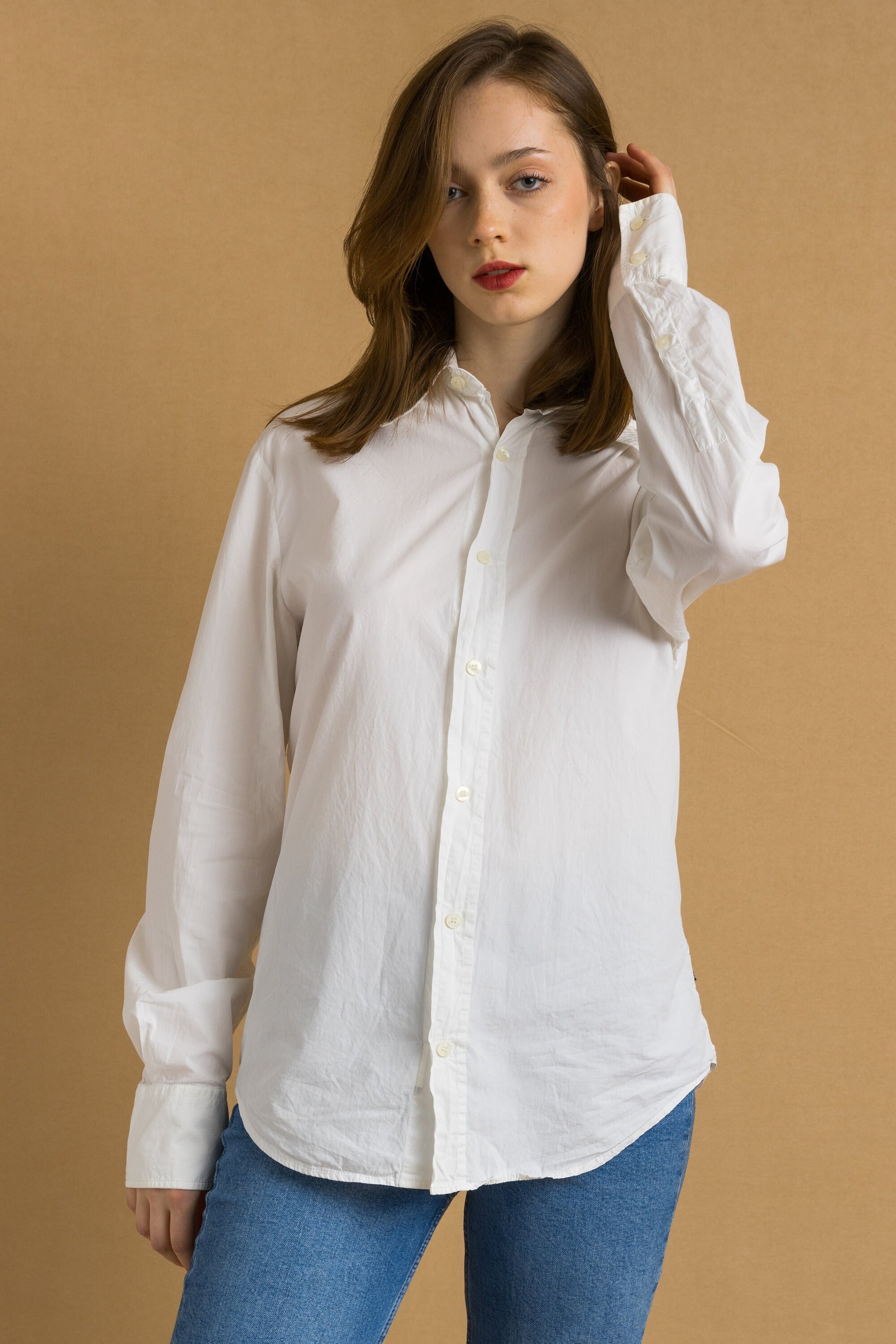 Vintage White Cotton Logo Long Sleeve Buttons Up Woman Shirt/ Vintage White Unisex Medium Woman Shirt