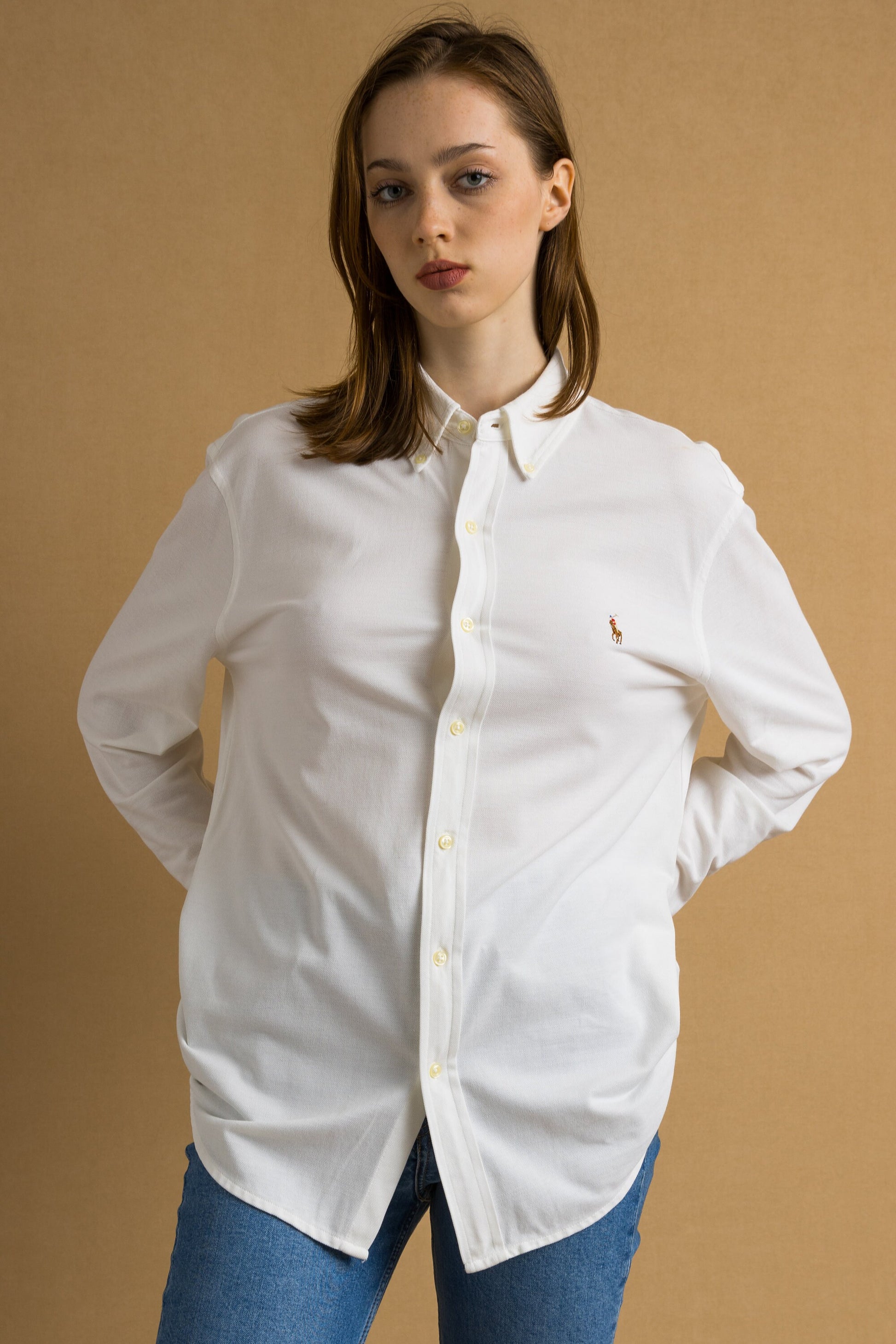 Vintage Ralph Lauren White Cotton Logo Long Sleeve Buttons Up Woman Shirt/ Vintage Ralph Lauren Unisex White L Woman Shirt