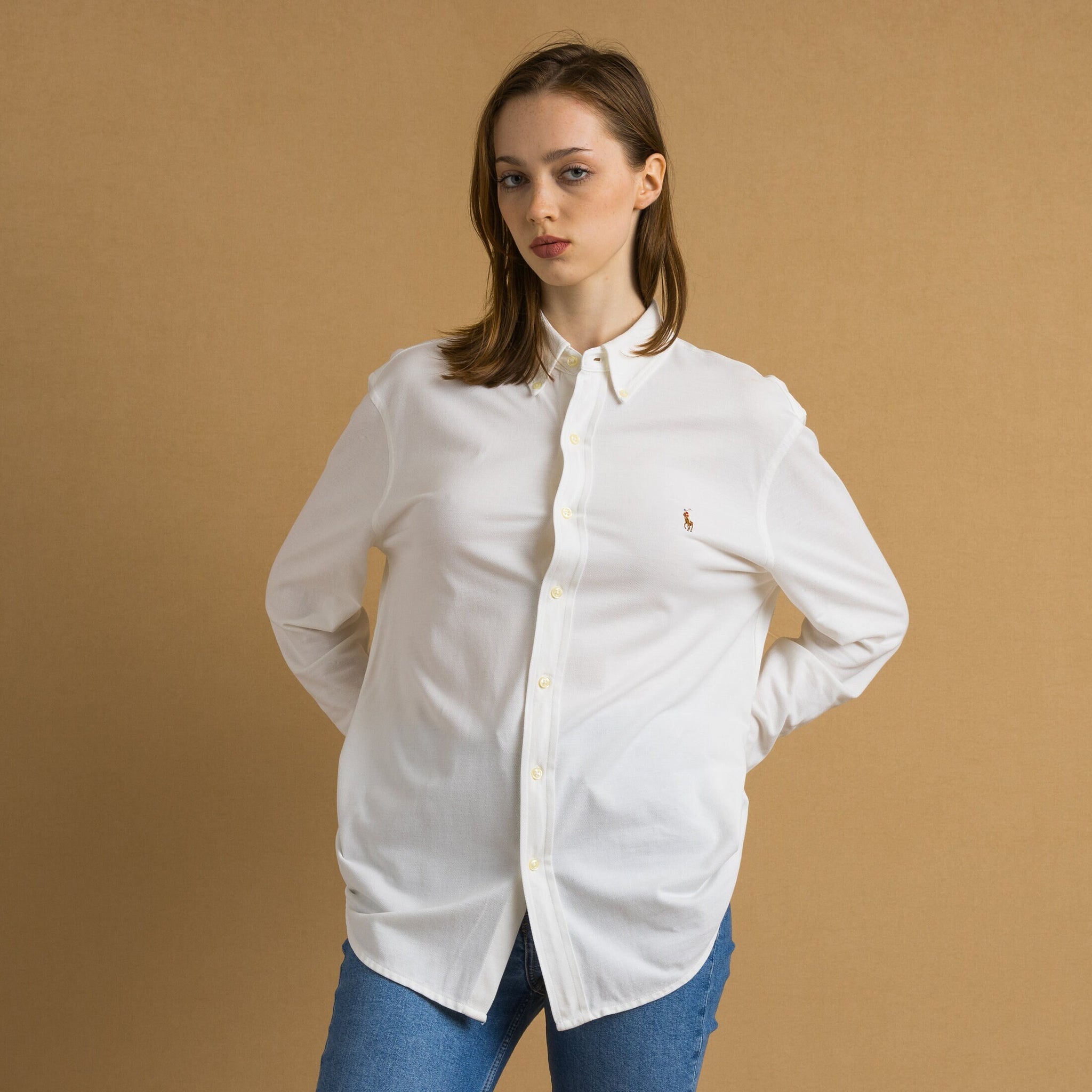 Vintage Ralph Lauren White Cotton Logo Long Sleeve Buttons Up Woman Shirt/ Vintage Ralph Lauren Unisex White L Woman Shirt