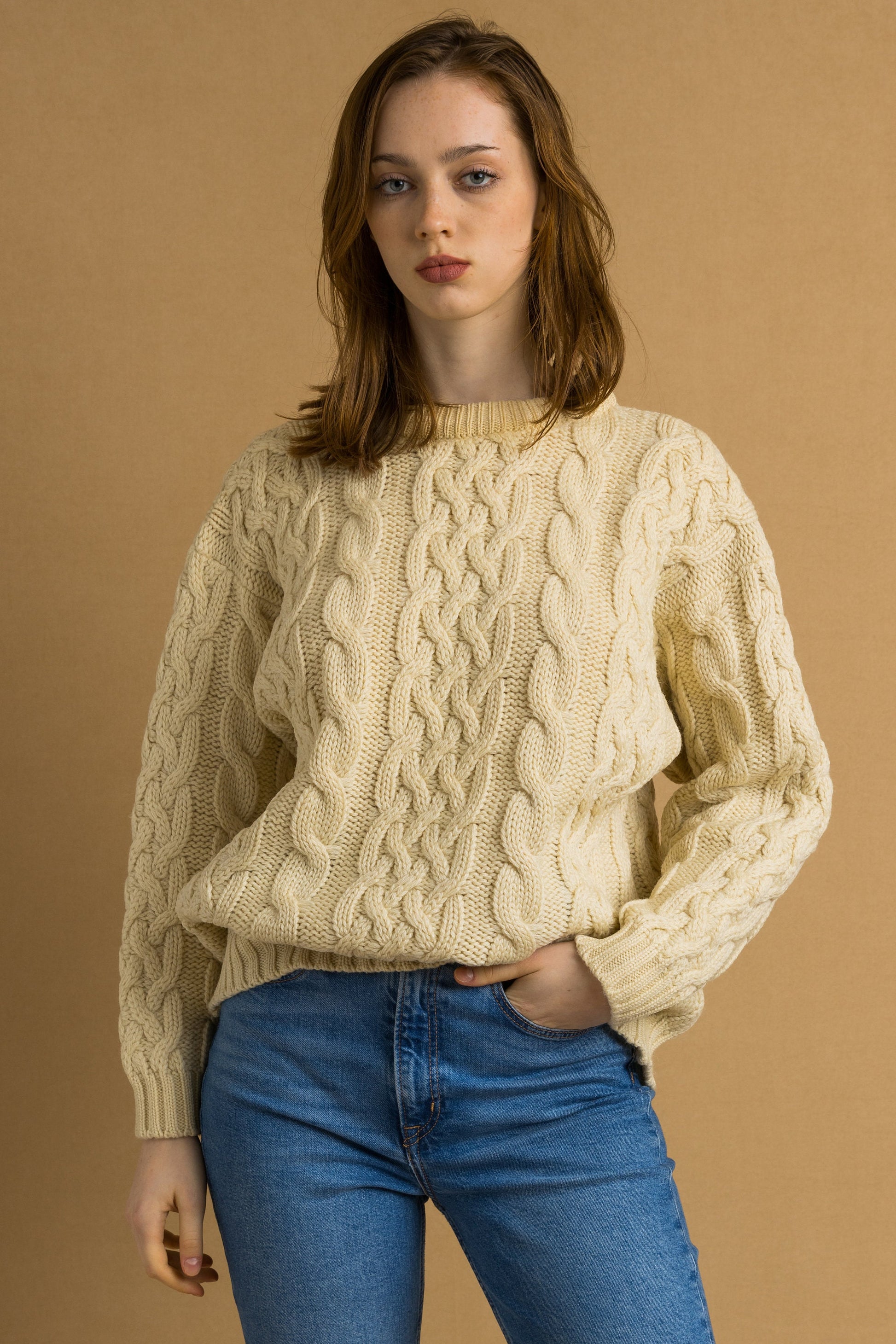 70s Vintage Oldschool Scotland Scandi Knitwear Handknitted Pullover Wool Sweater Jumper Pullover/ Vintage Fisherman Beige Pullover