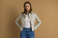 1990s Vintage AKRIS Swiss Vintage beige wool angora blend short fitted blazer jacket S