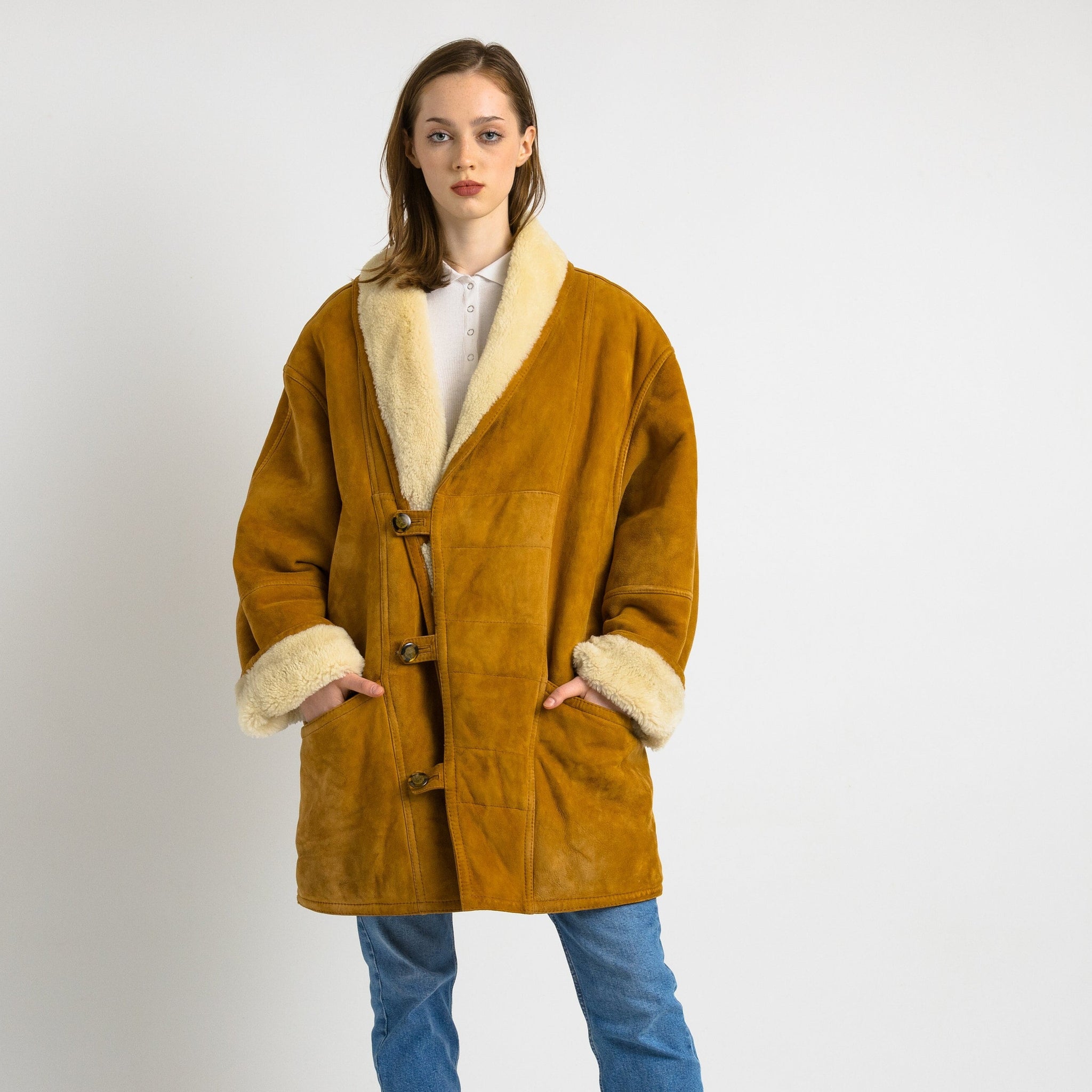 80s Vintage Suede Sheepskin Leather Shearling Fastens Coat size Mens 50/Vintage Leather Shearling Coat/Vintage Woman Winter Suede Coat