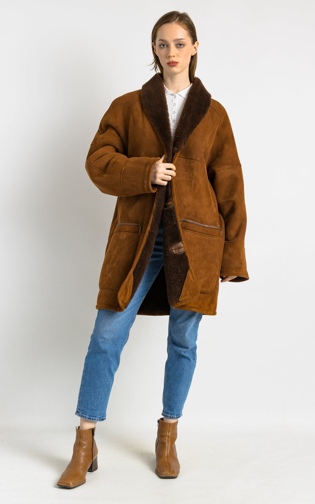 80s Vintage Suede Sheepskin Leather Shearling Fastens Coat size Mens 50/Vintage Leather Shearling Coat/Vintage Woman Winter Suede Coat