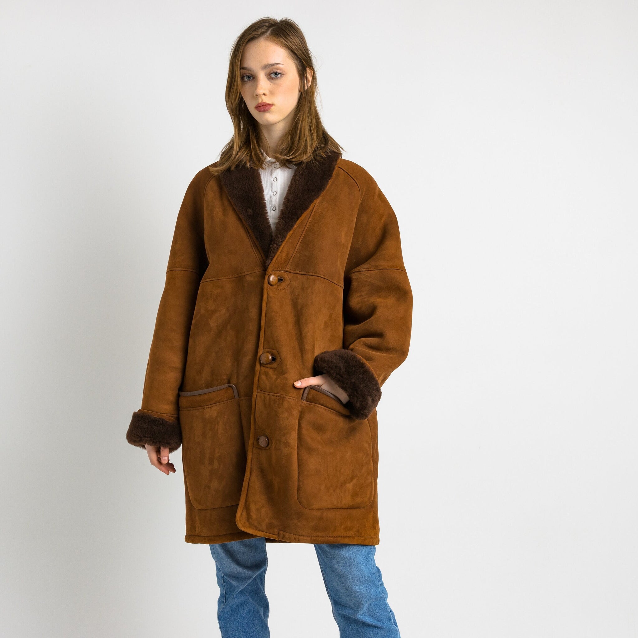 80s Vintage Suede Sheepskin Leather Shearling Fastens Coat size Mens 50/Vintage Leather Shearling Coat/Vintage Woman Winter Suede Coat