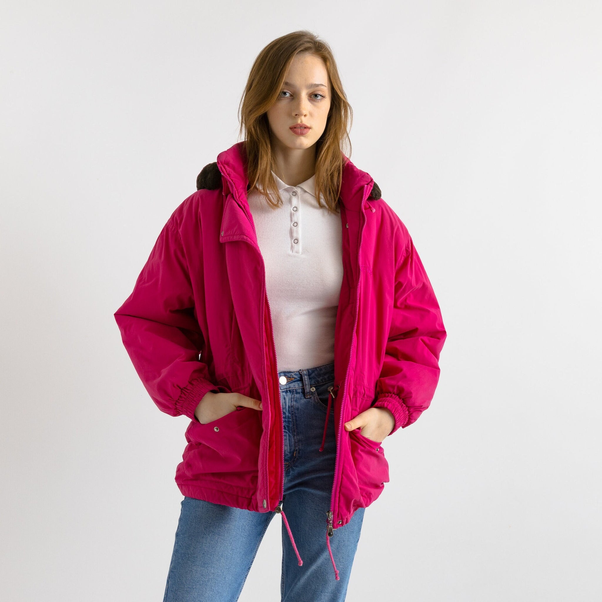 90s Vintage FILA Winter Padded Short Long Sleeve Parka Zip Fastens in Pink Jacket with Hoodie Outwear Girlfriend Gift Present