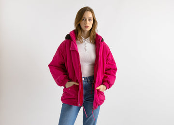 90s Vintage FILA Winter Padded Short Long Sleeve Parka Zip Fastens in Pink Jacket with Hoodie Outwear Girlfriend Gift Present