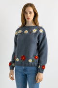 Women's Wool Jumper - Daisy - Pullover - Floral Sweater - Embroidered Pullover - Retro Flower Power - 90s Syle- Handknitted