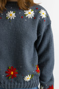 Women's Wool Jumper - Daisy - Pullover - Floral Sweater - Embroidered Pullover - Retro Flower Power - 90s Syle- Handknitted