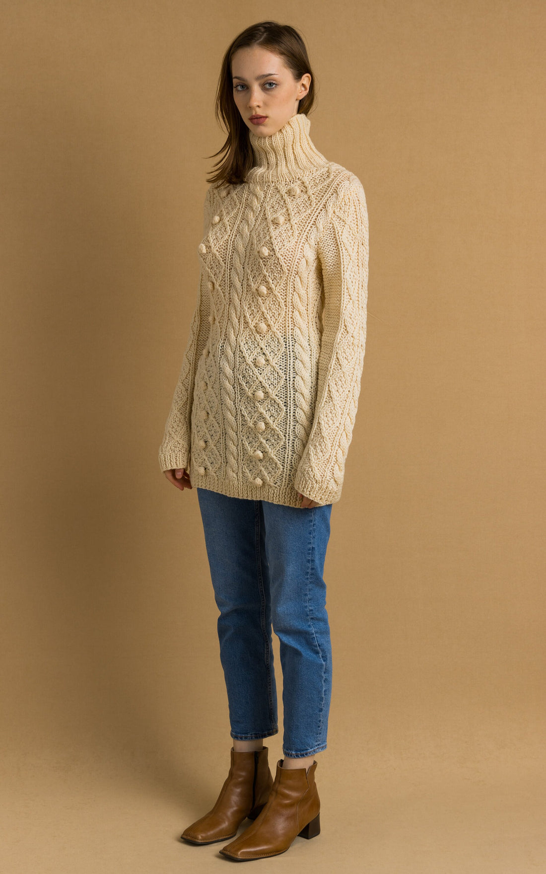 80s Vintage Vtg Rare Retro 100% Merino Wool Knitted Knit Turtleneck Fisherman Beige Long Sweater Jumper Pullover Woman Gift Present