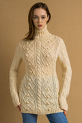 80s Vintage Vtg Rare Retro 100% Merino Wool Knitted Knit Turtleneck Fisherman Beige Long Sweater Jumper Pullover Woman Gift Present