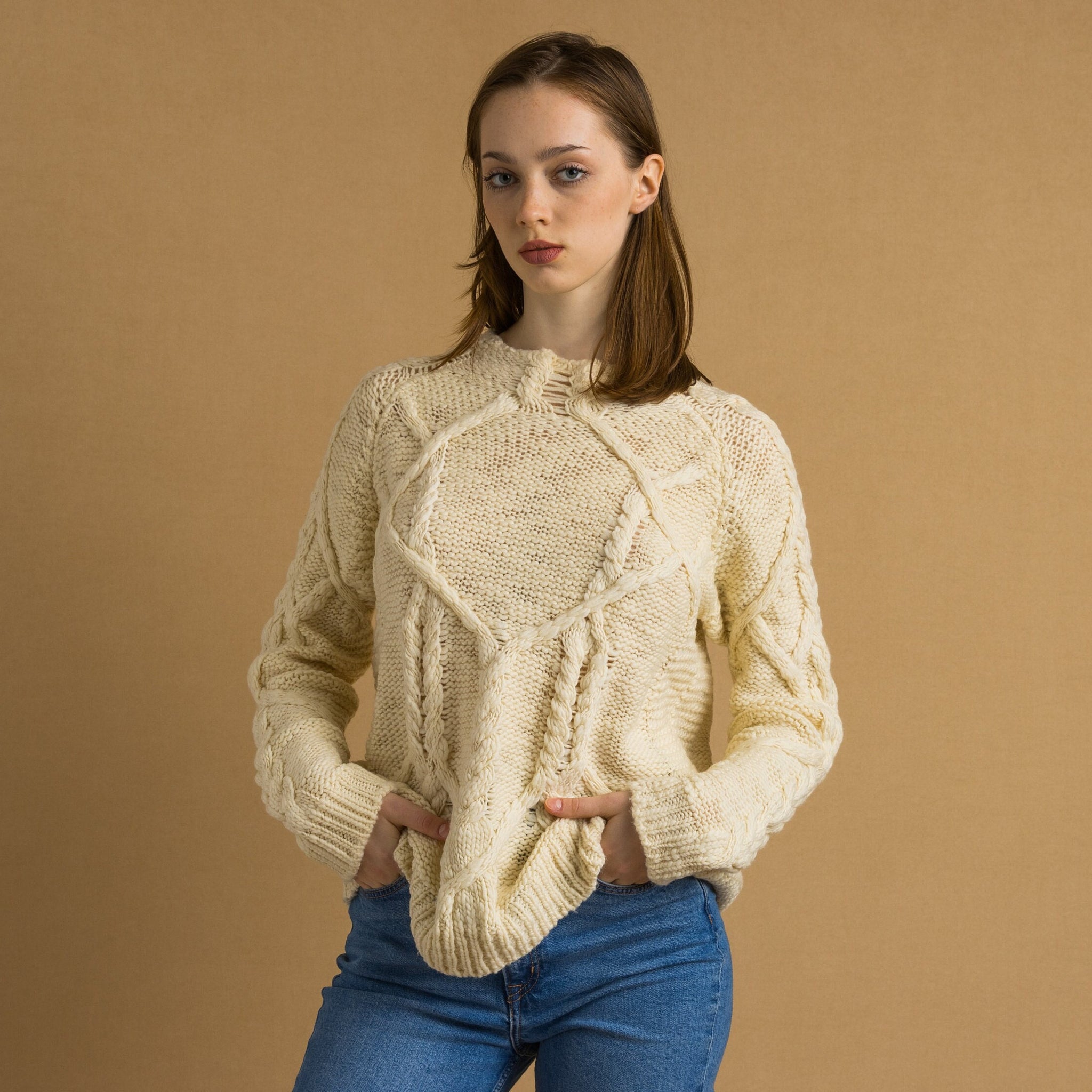 00s Vintage Vtg Rare Retro 100% Merino Wool Knitted Knit Fisherman Beige Long Sweater Jumper Pullover Woman Gift Present