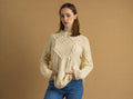 00s Vintage Vtg Rare Retro 100% Merino Wool Knitted Knit Fisherman Beige Long Sweater Jumper Pullover Woman Gift Present