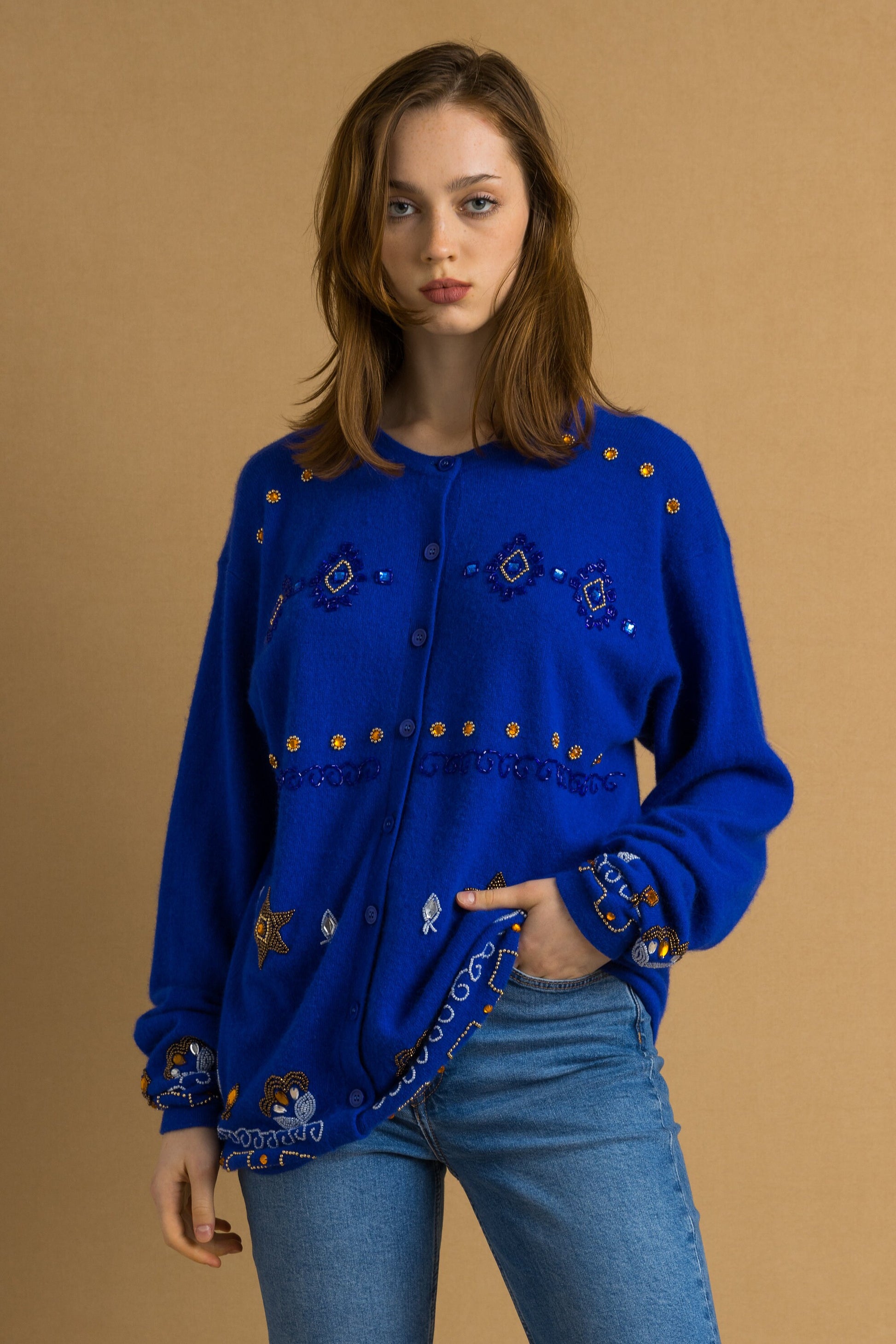 80s Vintage Woman Electric Blue Oversized Lambswool with Angora Blue with Beads Jumper Sweater Cardigan Size S Small. Girl gift