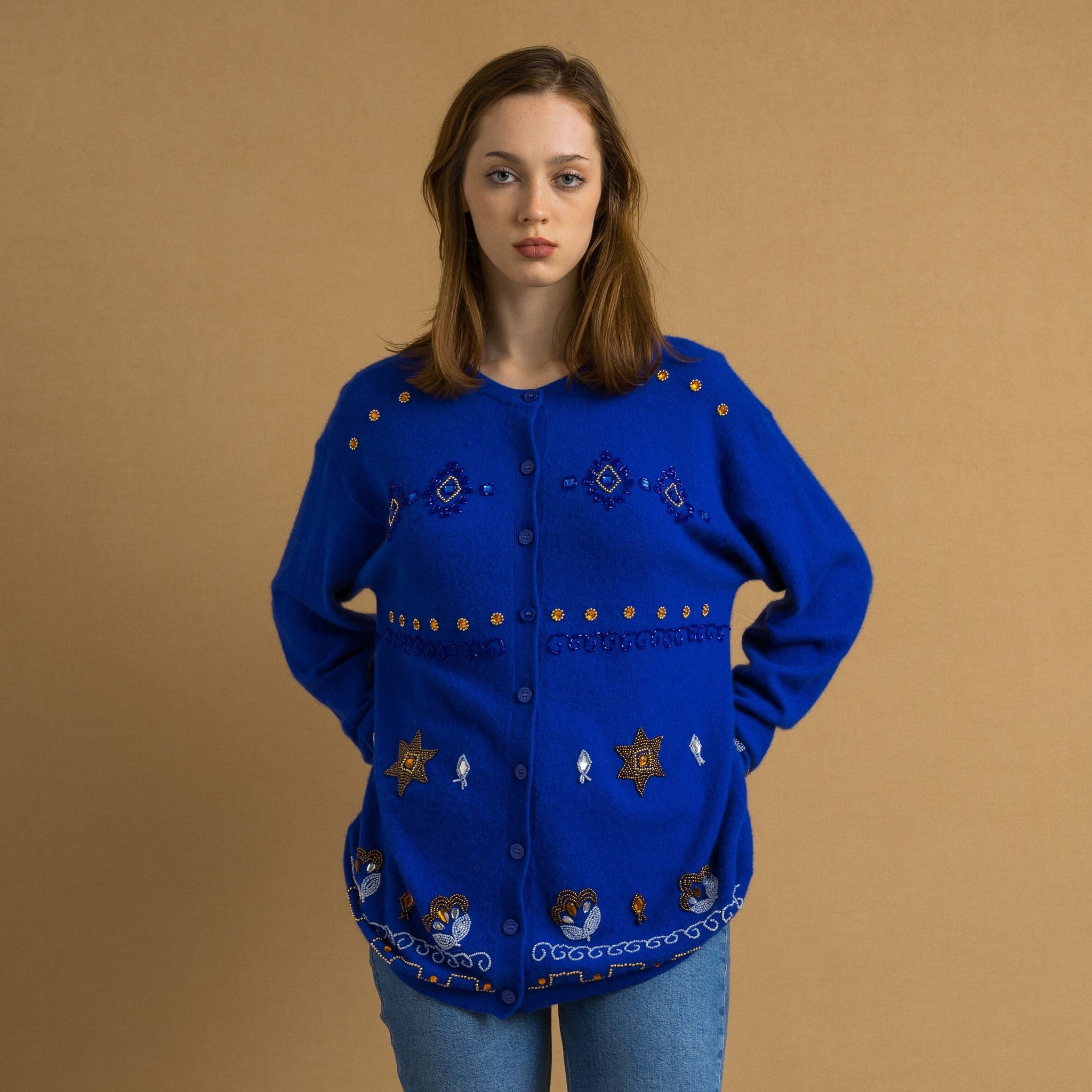 80s Vintage Woman Electric Blue Oversized Lambswool with Angora Blue with Beads Jumper Sweater Cardigan Size S Small. Girl gift