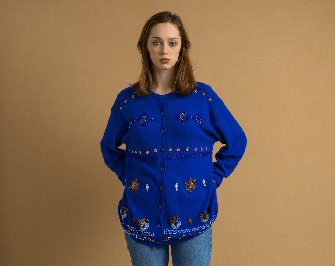 80s Vintage Woman Electric Blue Oversized Lambswool with Angora Blue with Beads Jumper Sweater Cardigan Size S Small. Girl gift